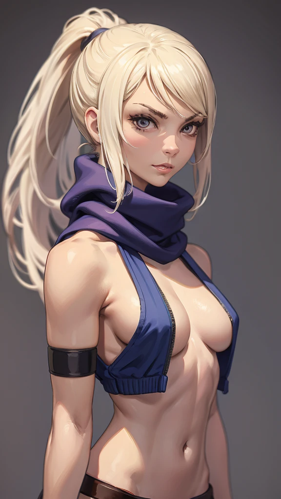 (masterpiece, best quality, chromatic lighting, professional quality),1girl, solo, blonde hair, high ponytail, realistic body proportions, looking at viewer, lips, padded armor, long neck scarf, long hip scarf, boxer, fighting pose, arm gauntlet, simple background, sfw,  steampunk, fantasy, dungeons and dragons