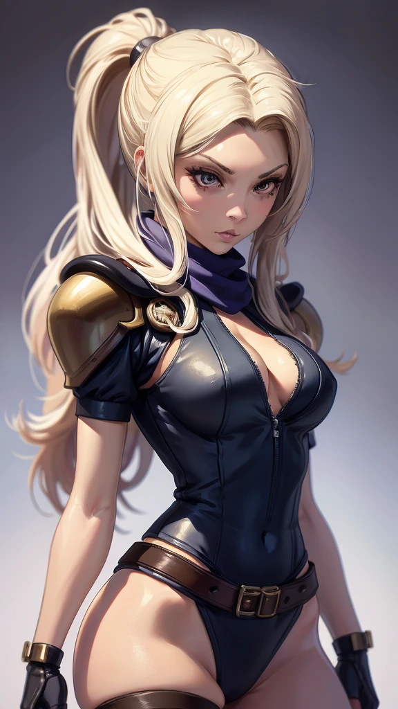 (masterpiece, best quality, chromatic lighting, professional quality),1girl, solo, blonde hair, high ponytail, realistic body proportions, looking at viewer, lips, padded armor, long neck scarf, long hip scarf, boxer, fighting pose, arm gauntlet, simple background, sfw,  steampunk, fantasy, dungeons and dragons