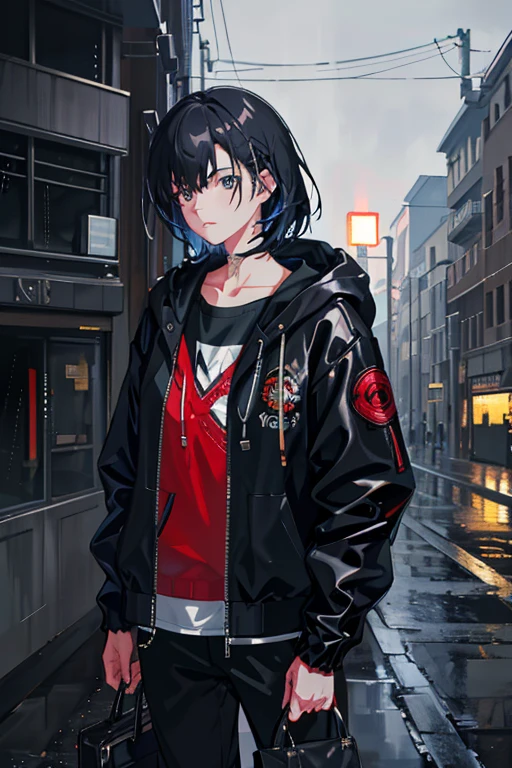 1girl, jacket, rain, outdoor, hoodie, open jacket, chain, backpack, looking at another, messy hair, trending on artstation, 8k resolution, highly detailed, anatomically correct, sharp image, digital painting, concept art, trending on pixiv, style of makoto shinkai,