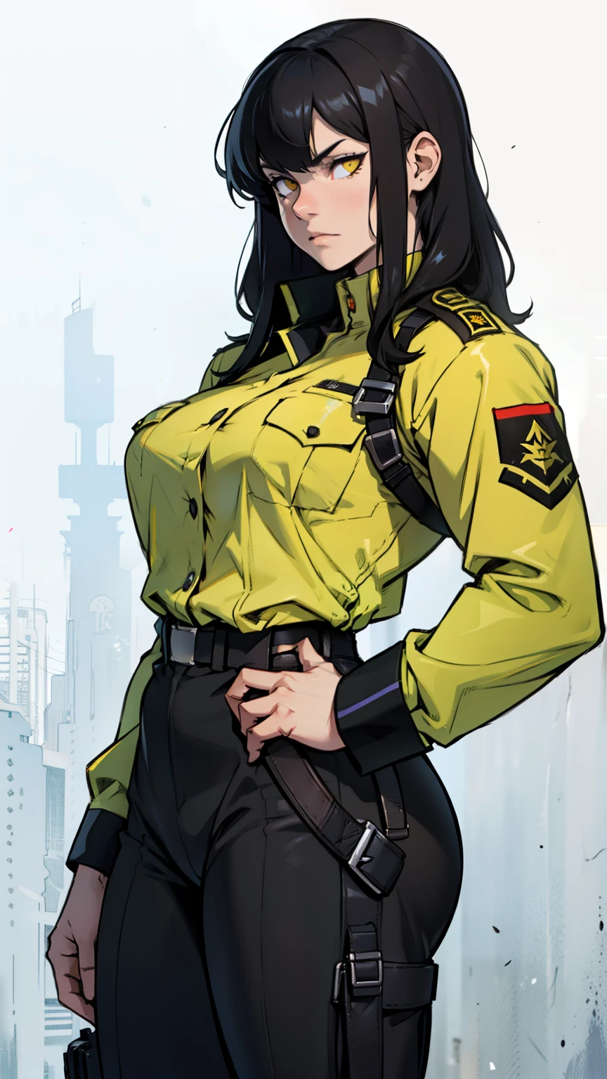 muscular girl thick black hair yellow eyes pale thick breasts holster sad black military uniform black military uniform 