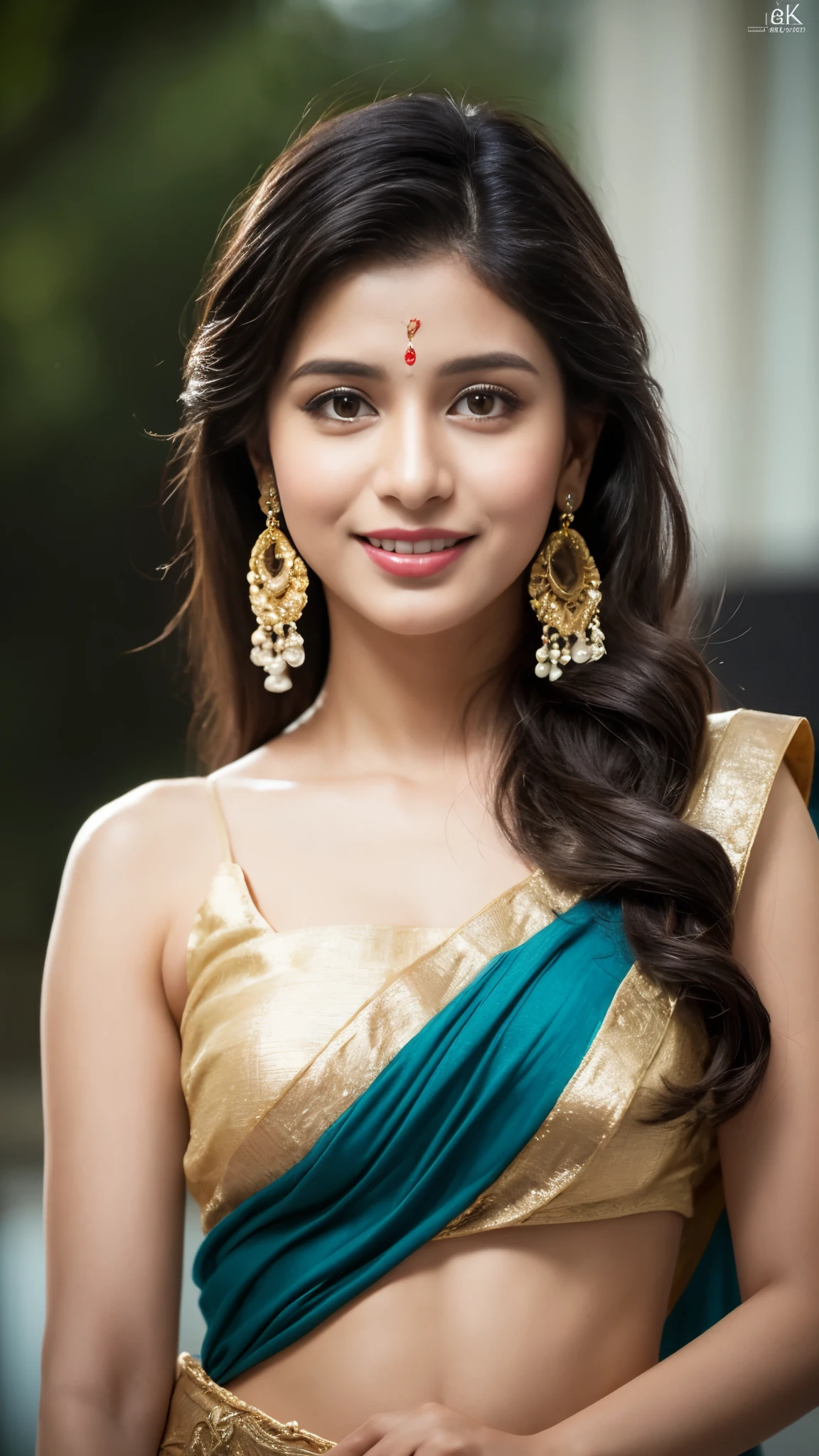 Gorgeous Bollywood supermodel, upper half body of (A hyper-realistic), (illustration), (high resolution), (8K), (highly detailed), smile, smiling, (The best illustration of beautiful detailed eyes), (top-quality), (ultra-detailed), (​masterpiece), (beautiful attractive face), long hair, Earrings with bangs, ((20 year old Indian beautiful girl)), (((wearing traditional sari ))) , (((Glamorous body))) , Elegant Pose, Seduction pose, Looking at the camera, classroom in background, blackboard in background