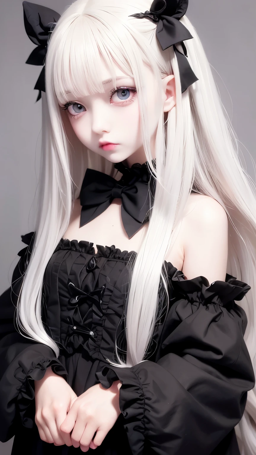 、Bangs that extend to the face、10th generation、12 years old、baby face、cute face、Cute Nordic girl、(well-groomed nose)、(bulging eyes)、Blonde doll with long hair and black bow tie, ball jointed doll, pale porcelain white skin, Embarrassingly cute face. dark fantasy, artdoll, pale goth beauty, china doll face, White skin and black eyes, gothic girl face, dollpunk, porcelain pale skin, (( deep black eyes ))