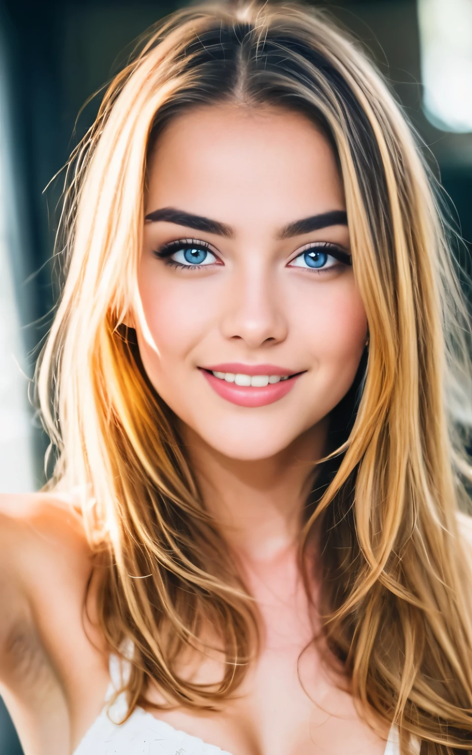 Very beautiful sexy blonde making a selfie, naked , breasts, light blue eyes, highly detailed, 18 years old, slim, innocent face, naturally wavy hair, high resolution, masterpiece, best quality, intricate high detail, highly detailed, sharp focus, detailed skin, realistic skin texture, texture, detailed eyes, professional, 4K, charming smile, shot with Canon, 85mm, slight depth of field, Kodak Color Vision, body in perfect shape, extremely detailed, photographer_\( ultra\), photographerrealistic, Realstic, Postprocessing, maximum details, roughness, real life, ultrarealistic, photorealism, photography, 8K UHD, photography