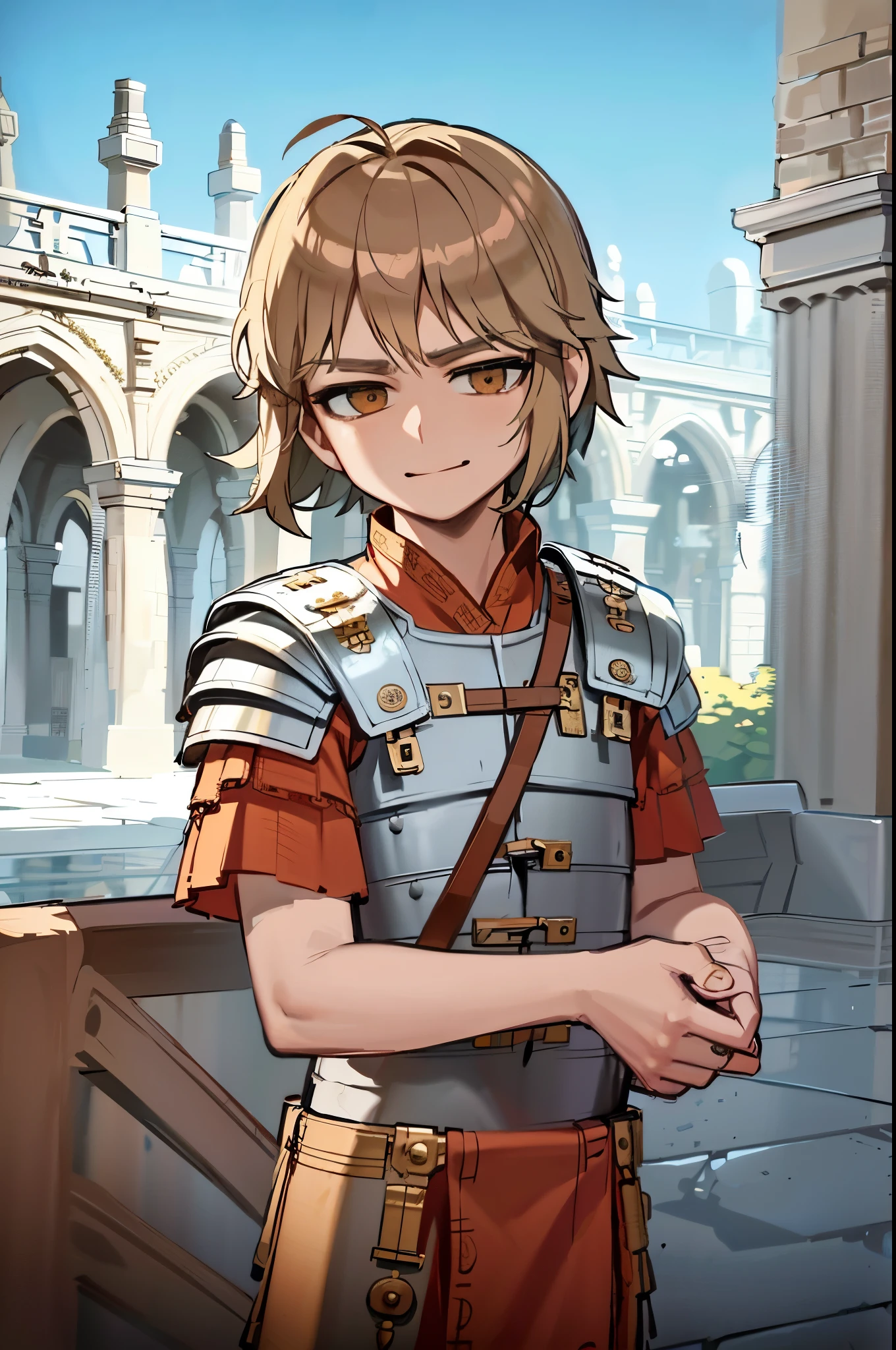 anime character dressed in armor in front of a building, inspirado em Romano Vio, taisho romano, embaralhamento dos namorados, um paladino humano masculino, crisp and clear RPG portrait, arte oficial, protagonista feminina 👀 :8, delicate androgynous prince, inspirado em Li Chevalier, sorriso malicioso