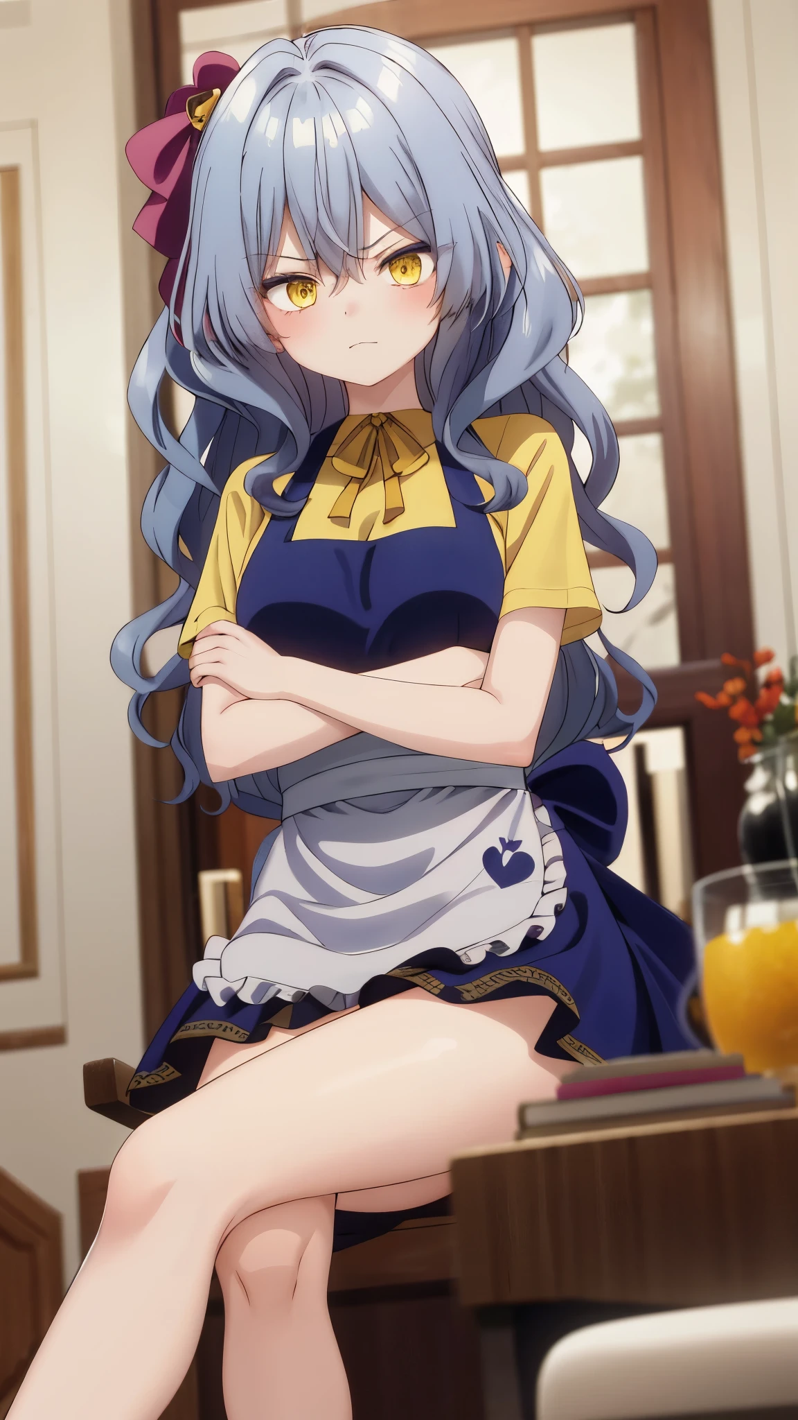 One girl with wavy hair, bangs, yellow eyes, looking at viewer, blushing, embarrassed, serious expression, indoor, living room, t shirt, thigh, apron, sitting, crossed legs, bare legs, crossed arms, mid-chest, day atmosphere, hair ornament, medium breasts,  focus, blurry background, mature female 