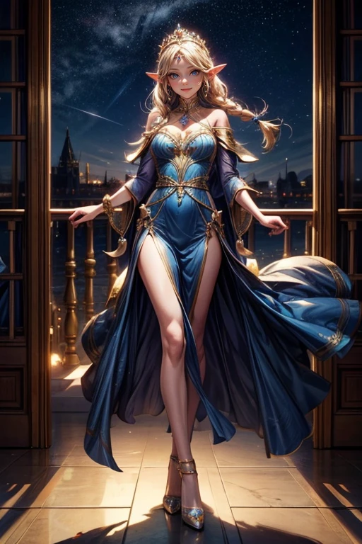 elf princess, tiara, earrings, deep blue plunge dress, golden hair in braids, , slender figure, high heels, cute smile, palace, night sky,  full body, standing next to balcony, 1girl