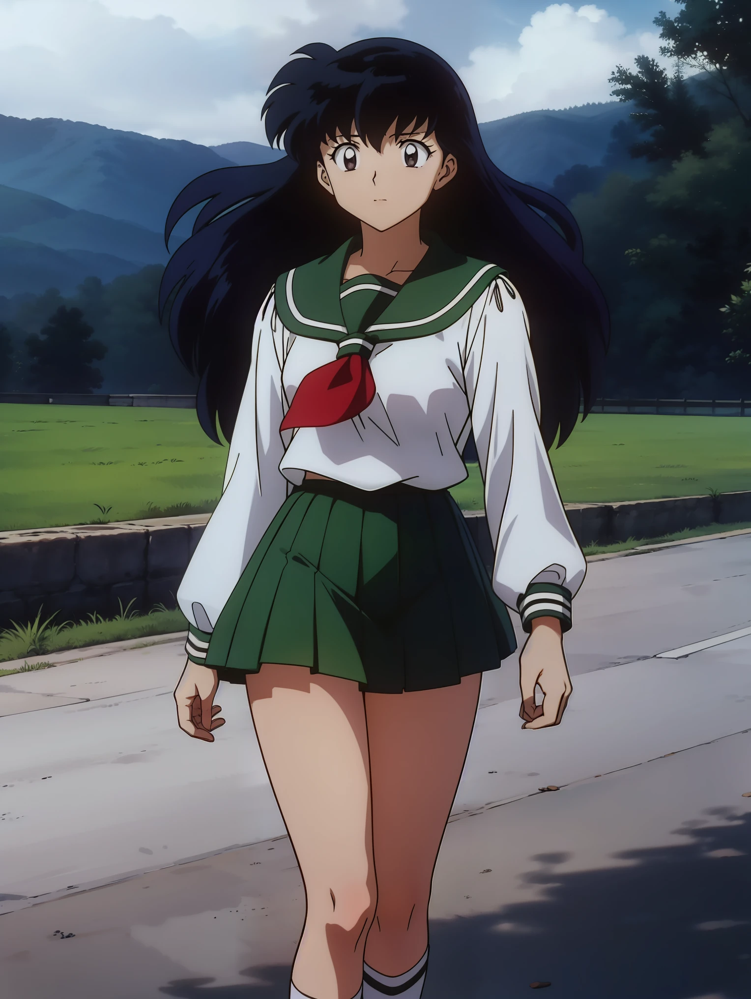 (Masterpiece: 1.6, Best Quality), (Fine Beautiful Eyes: 1.2), (best quality, masterpiece, highres), kagome higurashi, 1girl, solo, green school uniform, soft thighs , long sleeves, white socks, scenery , Best Quality, ((anime)) ((Colored)) HD, ,Standing, Green skirt, Red scarf, long  hair, Black hair between the eyes, Thighs are soft, school background