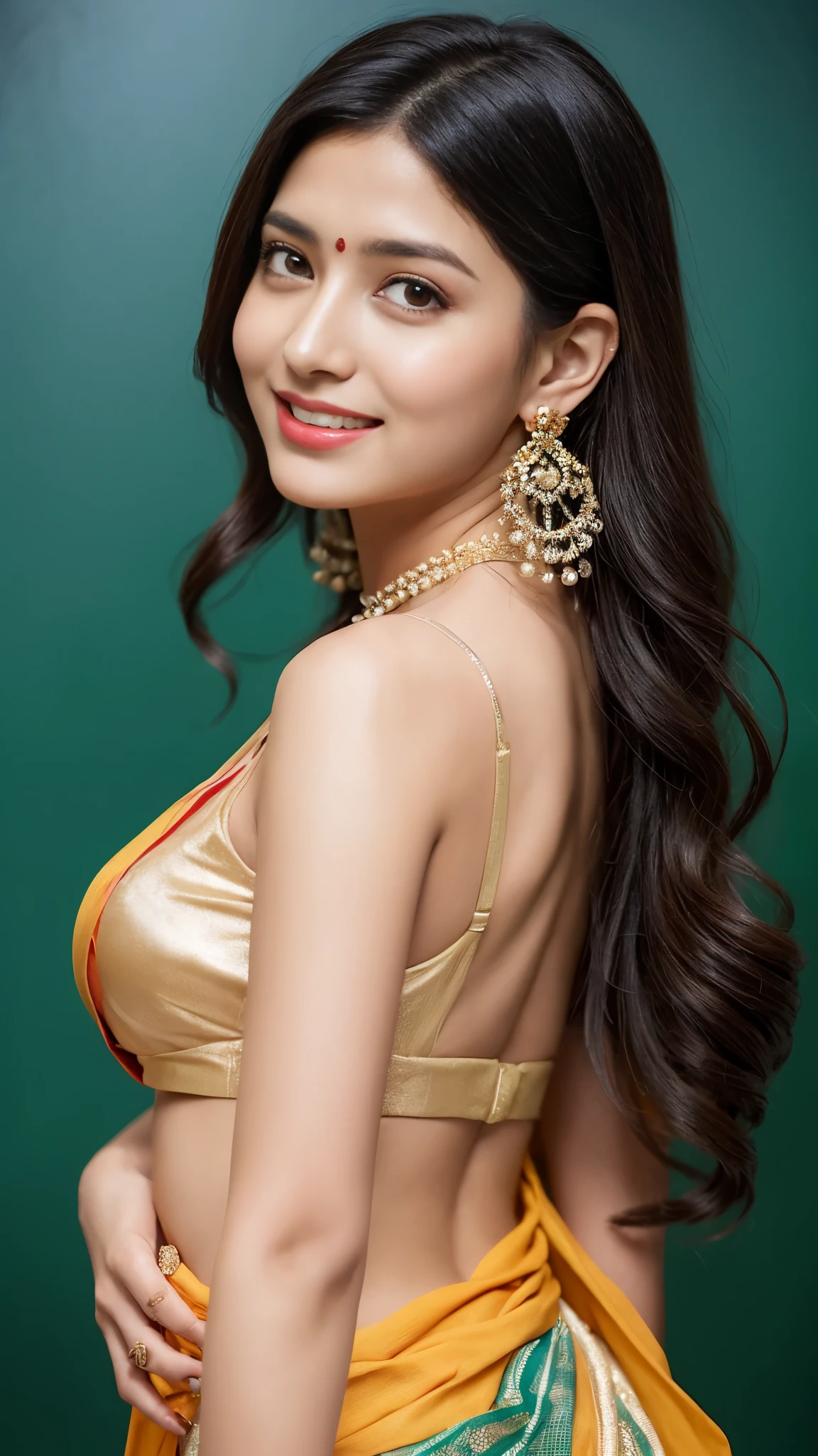 Gorgeous Bollywood supermodel, upper half body of (A hyper-realistic), (illustration), (high resolution), (8K), (highly detailed), smile, smiling, (The best illustration of beautiful detailed eyes), (top-quality), (ultra-detailed), (masterpiece), (beautiful attractive face), long hair, Earrings with bangs, ((20 year old Indian beautiful girl)), (((wearing traditional sari ))) , (((Glamorous body))) , Elegant Pose, Seduction pose, Looking at the camera, classroom in background, blackboard in background