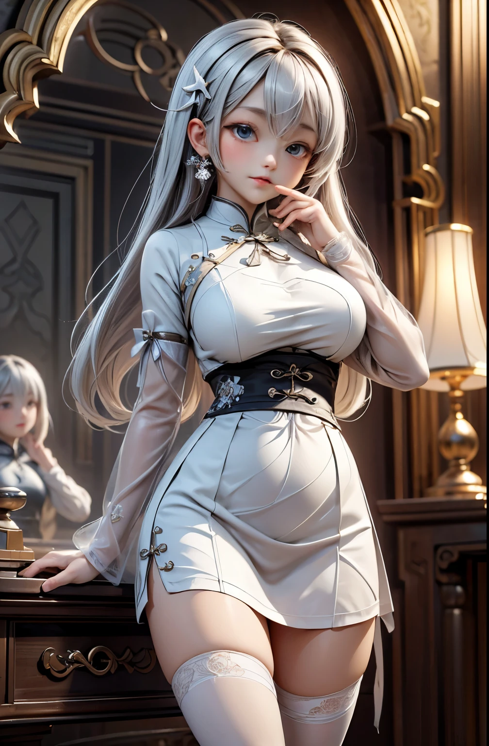 masterpiece,best quality,official art, Extremely detailed CG unified 8k wallpaper,ridiculous,8K resolution,yukivo,There are moles under the eyes,Color contact lenses,cat's mouth,Awkward,long hair,silver hair,hair behind ears,ribbontrim,(Tight-fitting sexy cheongsam:1.4),(Transparent lace panties:1.2),Lace suspender tights,Ice crystal texture,Look in the mirror,Hands lift the skirt,In winter,snowflake,Chinese Valentine&#39;s Day,Cinema lighting
