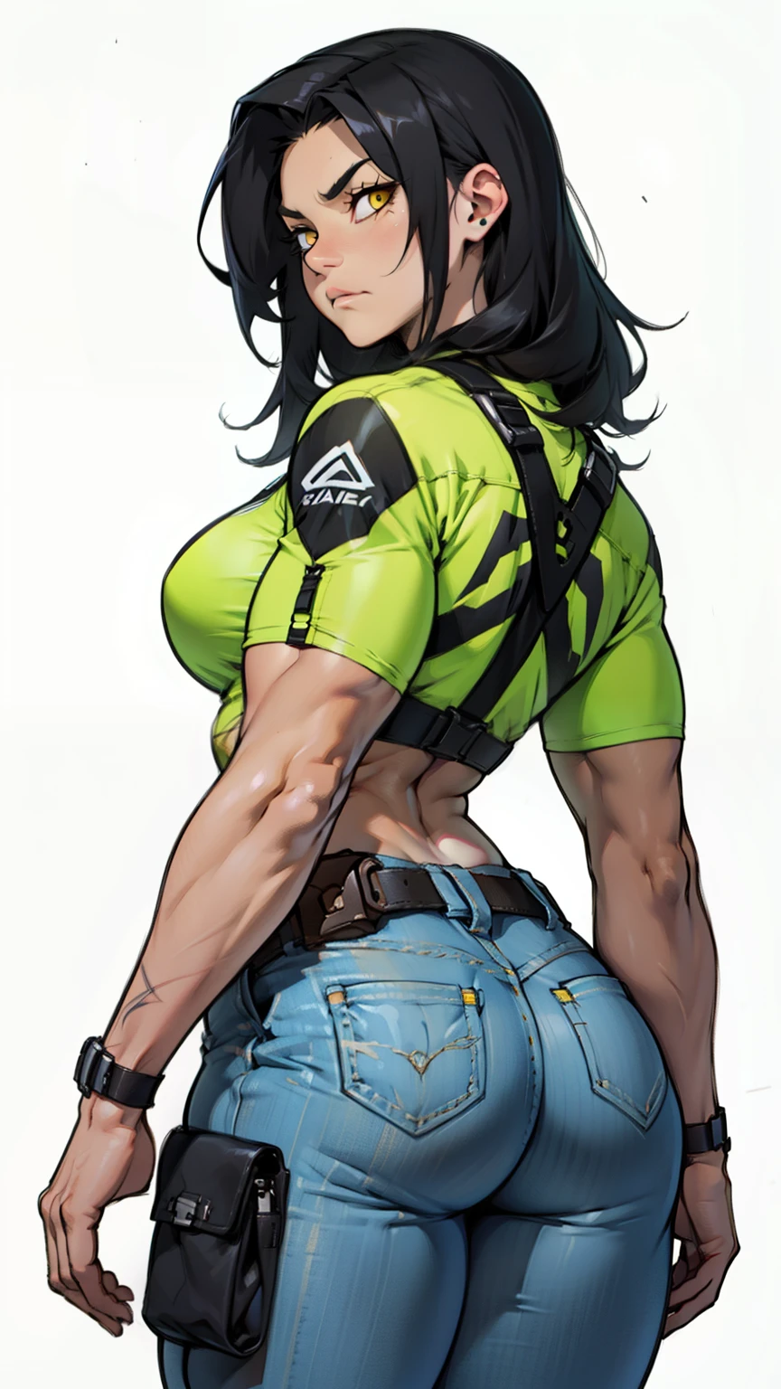 muscular girl thick black hair yellow eyes pale thick breasts holster sad 