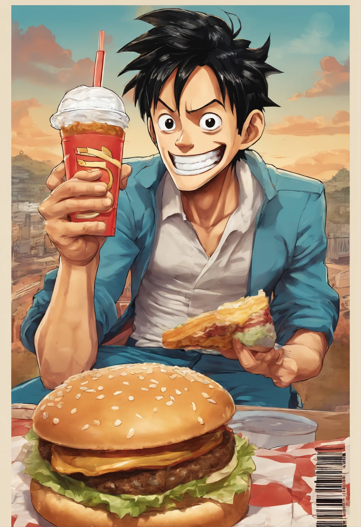 Luffy, comiendo hamburguesa de mcdonalds, sentado en un local de mcdonalds y comiendo un helado, queso derretido, Ronal mcdonalds alado