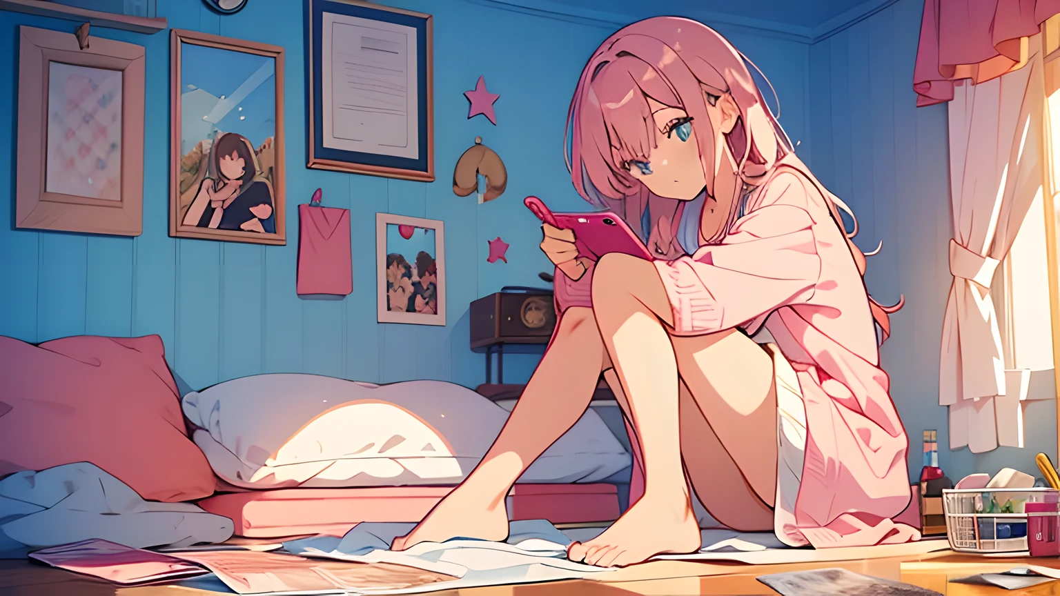 girl after shower, wrapped in a pink towel, sitting on the bed and looking at a mobile phone. She's angry. Teenage39;s room with clutter on the floor and band posters on the wall