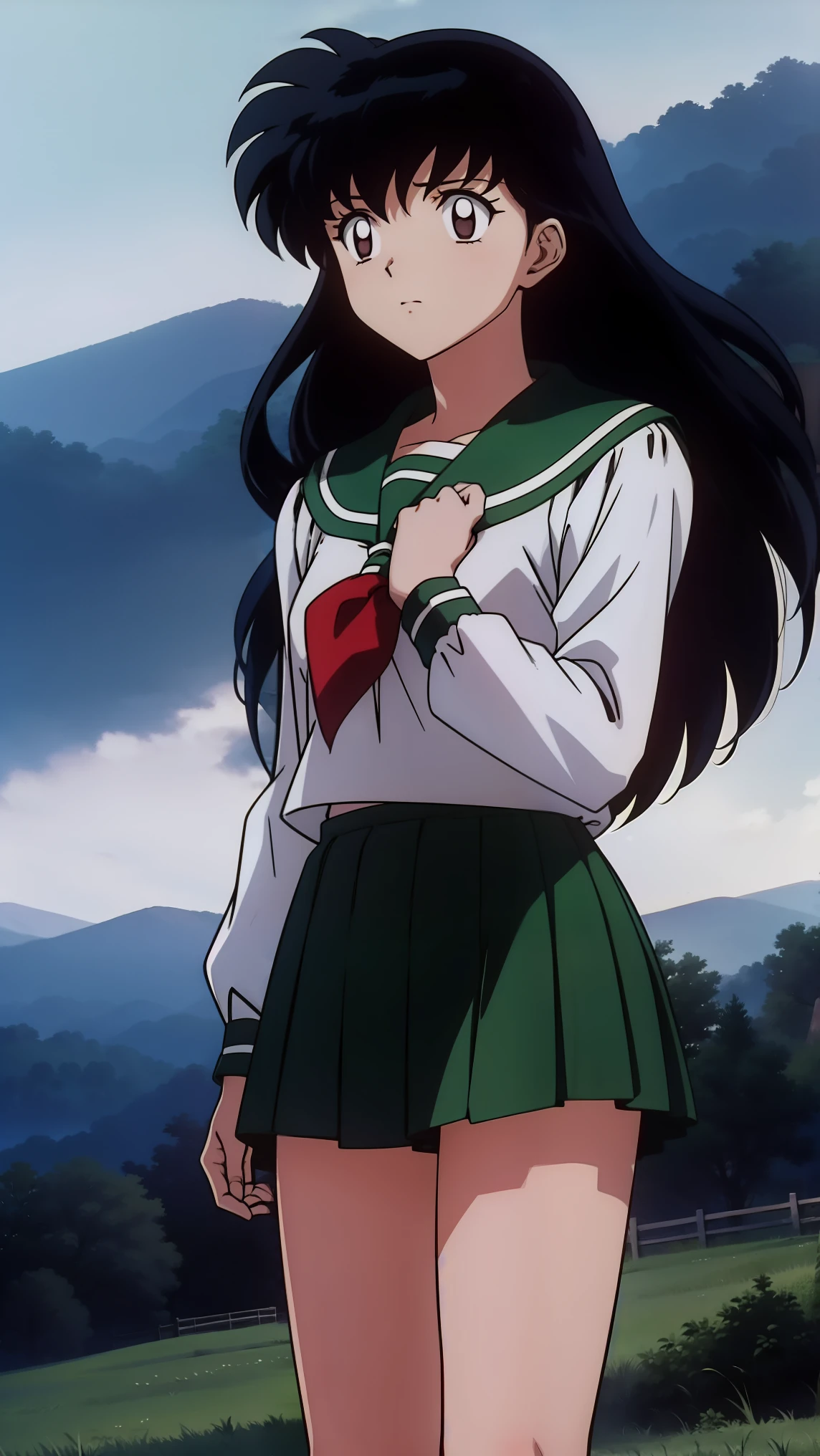 (Masterpiece: 1.6, Best Quality), (Fine Beautiful Eyes: 1.2), (best quality, masterpiece, highres), kagome higurashi, 1girl, solo, green school uniform, soft thighs , long sleeves, white socks, scenery , Best Quality, ((anime)) ((Colored)) HD, ,Standing, Green skirt, Red scarf, long hair, Black hair between the eyes, Thighs are soft, school background