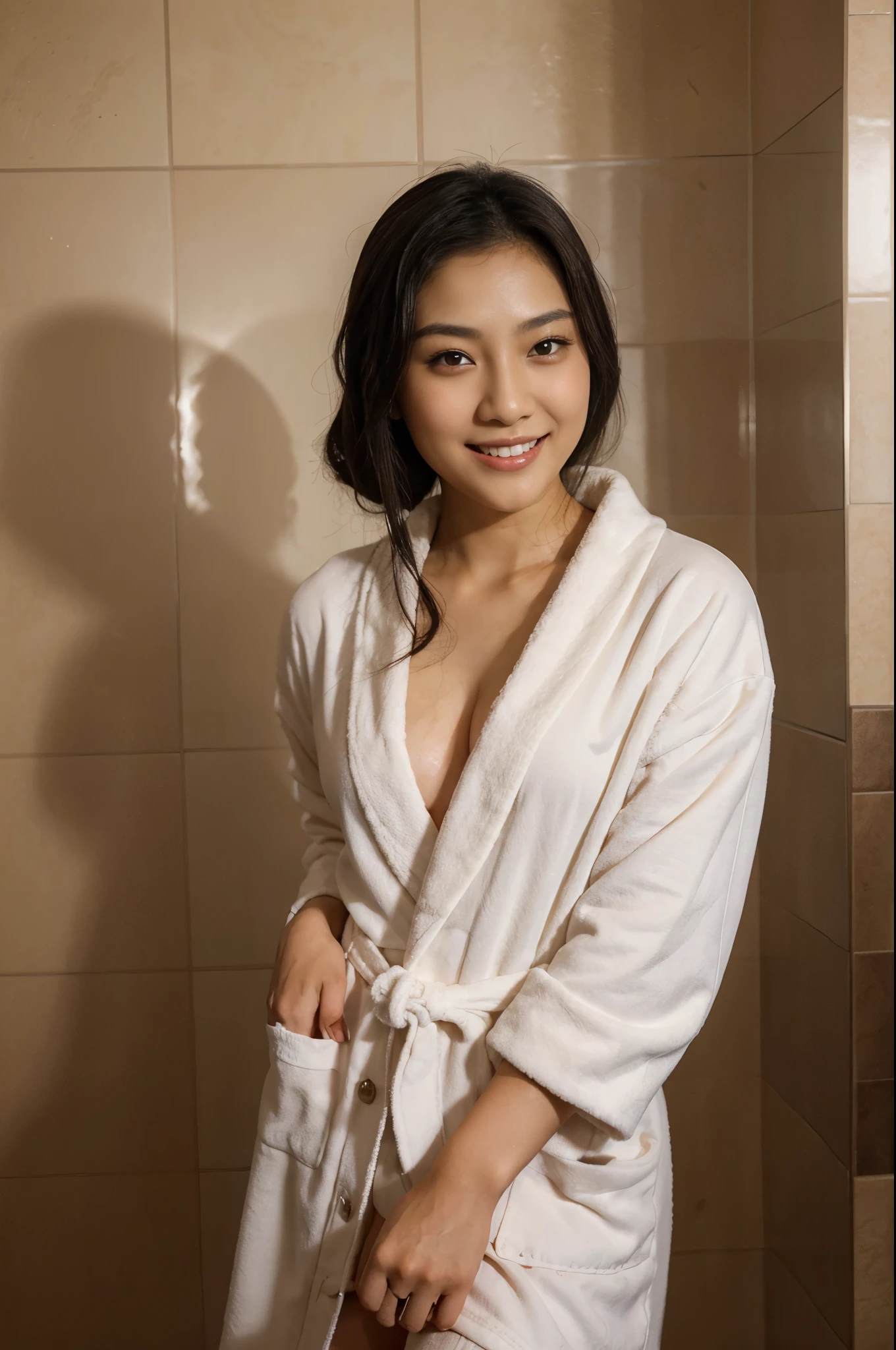 selfie of a beautiful Asian woman, wearing bathrobe, brown eyes, beautiful eyes, Asian skin, medium black hairs, smiling selfie in bathroom, realistic skin texture, realistic photography