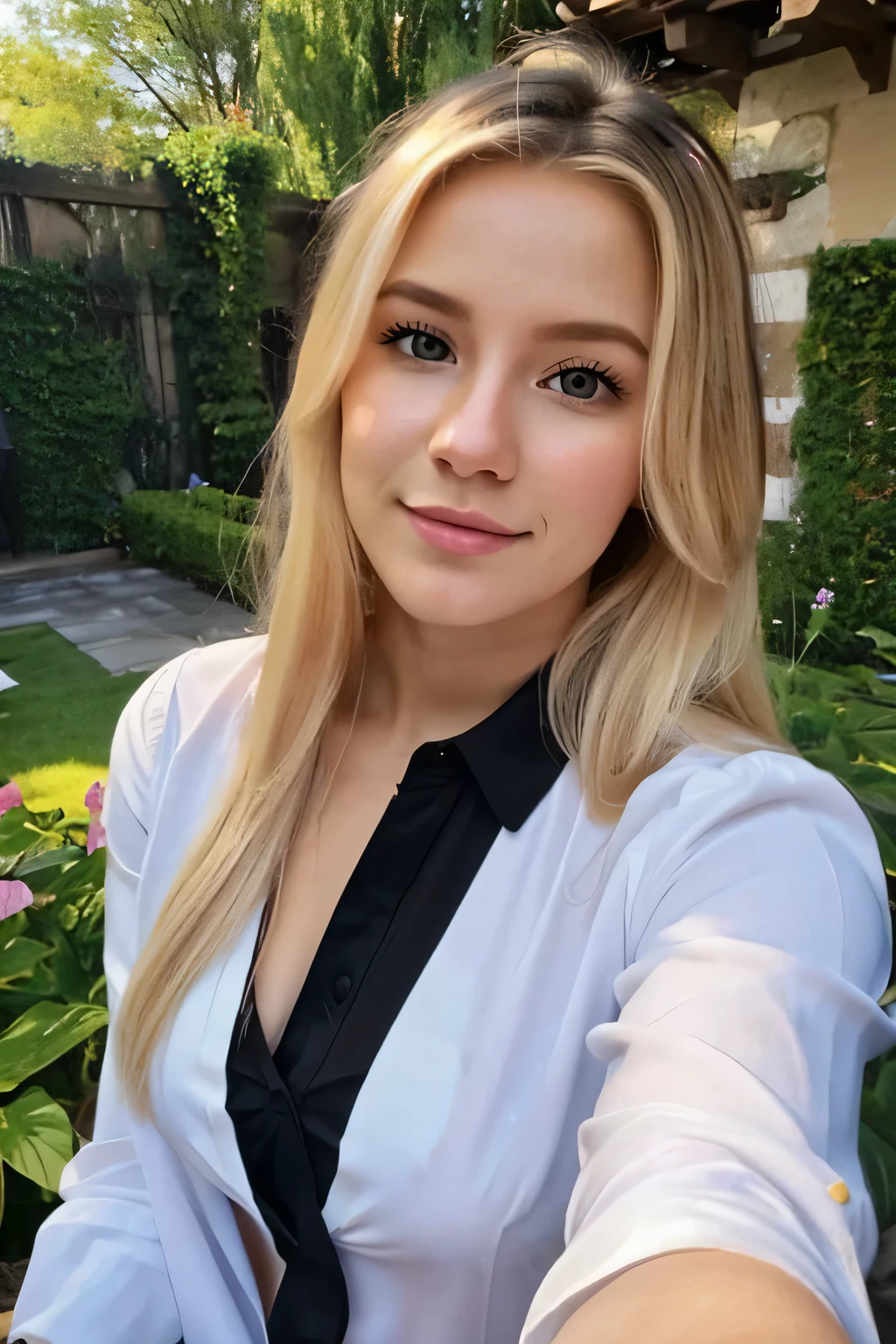 A 23-year-old blonde woman, ((pechos grandes)), ((hiperrealismo)) ,. blonde hair with light brown roots. cabello rubio, Hair with brown roots, cabello extra largo, cabello muy largo, really long hair, Beautiful, Front view, selfie, photo taken with iPhone, elegant black shirt with escote, escotada, selfie in the garden, high quality, selfie iPhone, cleavage, different color eyes