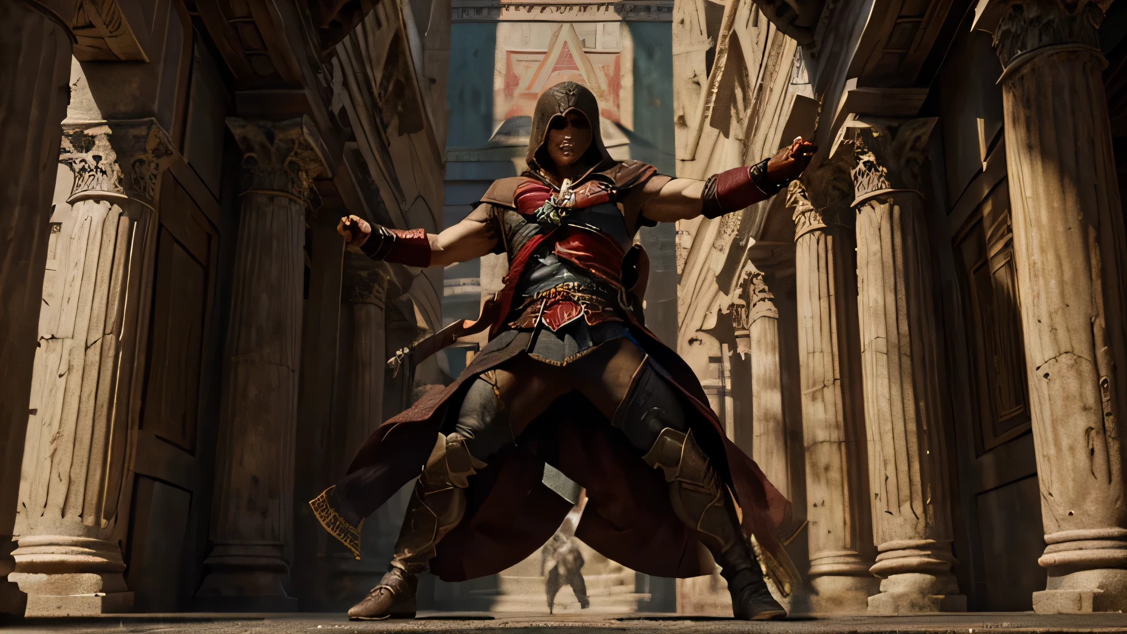 the cover of assassin's creed, in the style of hellenistic art, maroon, realistic hyper-detail, 32k uhd, edward poynter, energetic gestures --ar 73:128 --stylize 750 --v 6