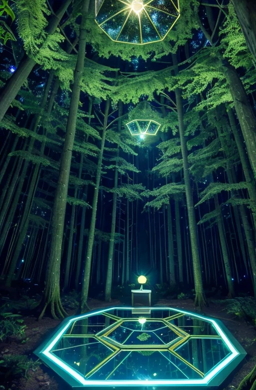 big hexagon shaped mirror, in the centre of a forest surrounded by rare trees, by mini flowers and extraterrestrial plants, golden fountain, mini mirrors, warm and comfortable ambiance, some bioluminescence fireflies, rocks reacting with black light LED, dragonfly engraving, polygons