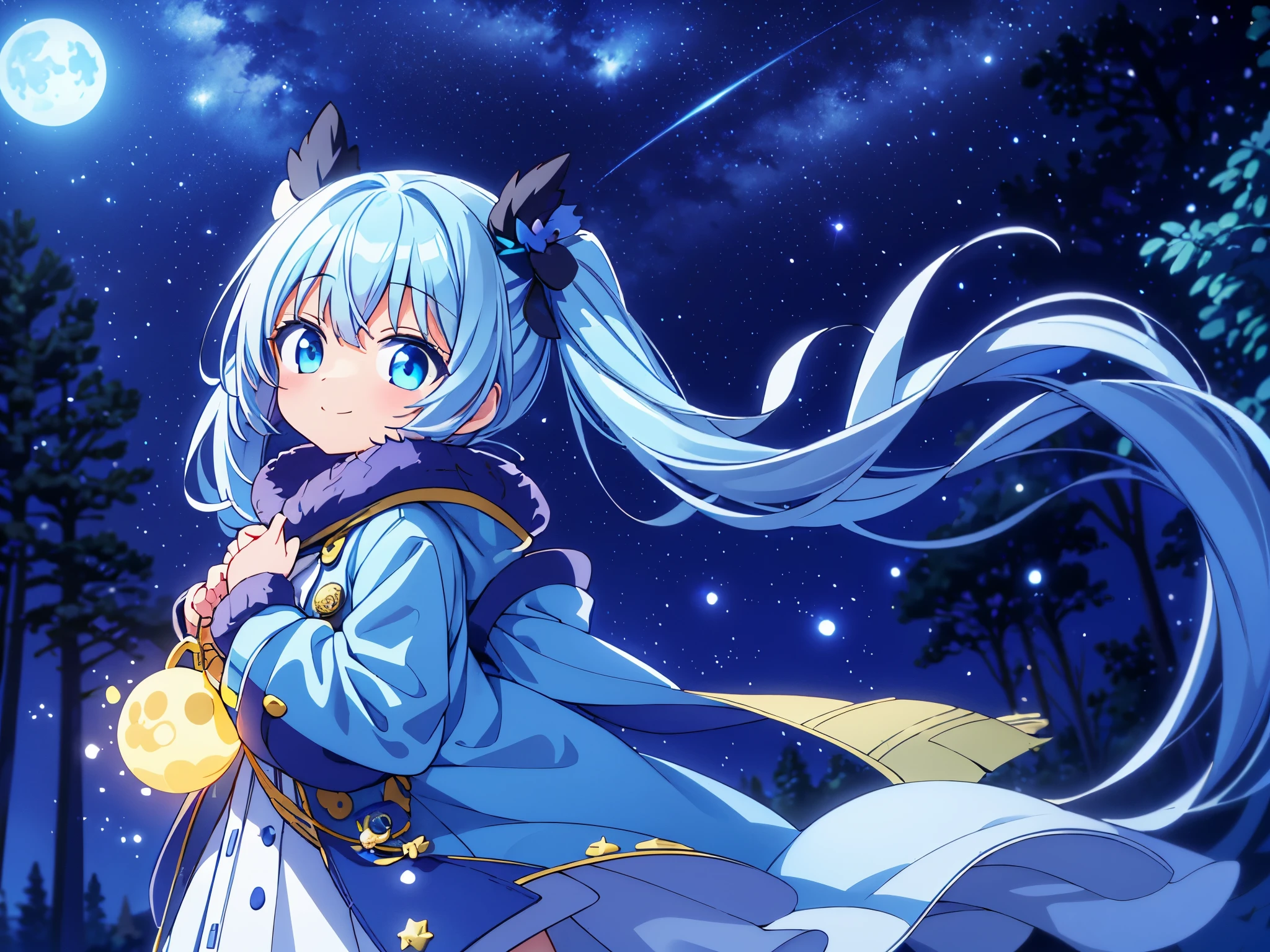 night sky　starry sky　moon　milky way((Some photos)).In the cold winter forest with wind blowing　It&#39;s snowing　Beautiful girl with long light blue hair　twin tails　adorable smile　warm yellow down coat　A big big owl watches over the girl　綺麗なmoon夜　The stars twinkle