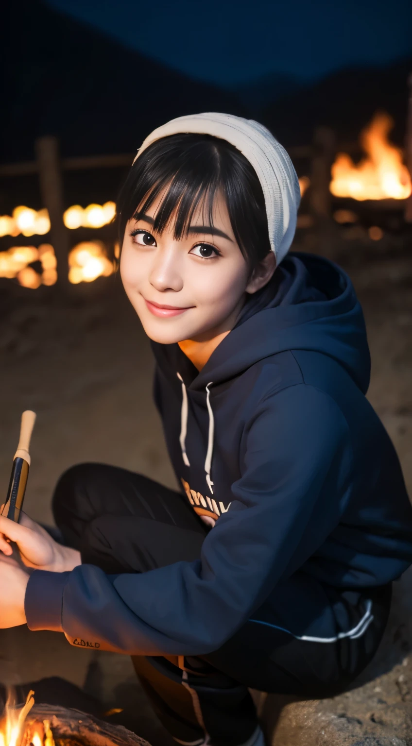 (highest quality,8K,masterpiece:1.3,),(Super high resolution,Photoreal:1.4,Raw photo),(super detailed,shiny skin,delicate skin),(detailed face,perfect anatomy,caustics),( make a bonfire in the mountains),Sit behind a bonfire,cute,18-year-old,Japanese,japanese id,smile,look at the camera,black haired,short ponytail,big breasts,(hooded hoodie),long pants,deep at night,starry sky,(Bonfire Up),(Bonfire focal point),Low - Angle,