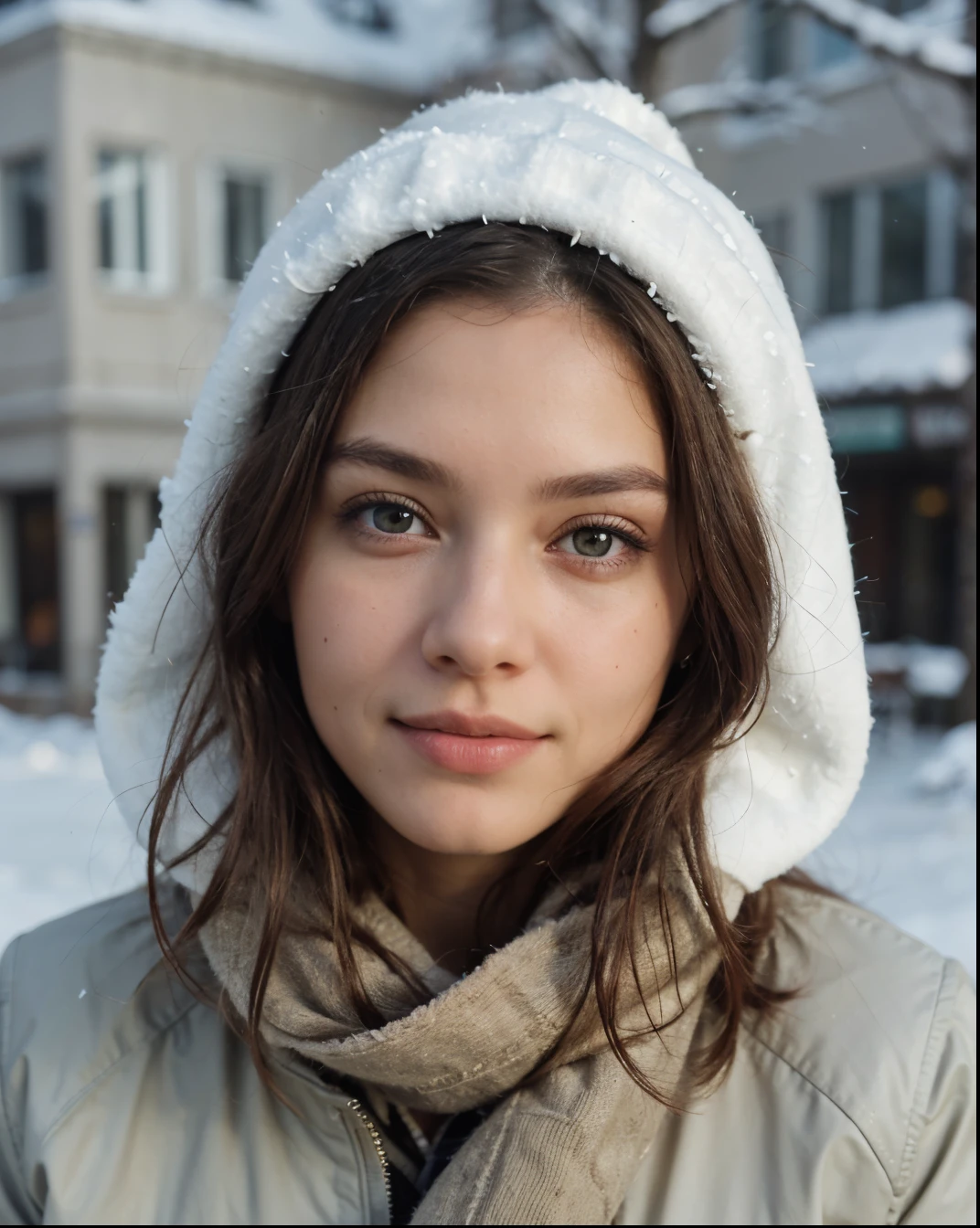 Cute beautiful sexy European light-green-eyed brunette, 22 years old,
seductive look in eyes, girl is wearing winter jacket, scarf, bonnet, winter, snow, scarf,
innocent face, face-length 1.3 times the face-width, almond-shaped eyes, squared face-shape, high cheekbones, naturally wavy hair, light-green eyes, high-res, masterpiece, best quality, intricate details, very detailed, sharp focus, detailed skin, realistic skin texture, texture, detailed eyes, professional, 4k, charming smile, shot with Canon, depth of field, Kodak Vision color, perfectly fitting body, extremely detailed, photo_\( ultra\), photorealistic, realistic, post processing, maximum details, roughness, real life, ultrarealistic, photorealism, photography, 8k UHD, photography