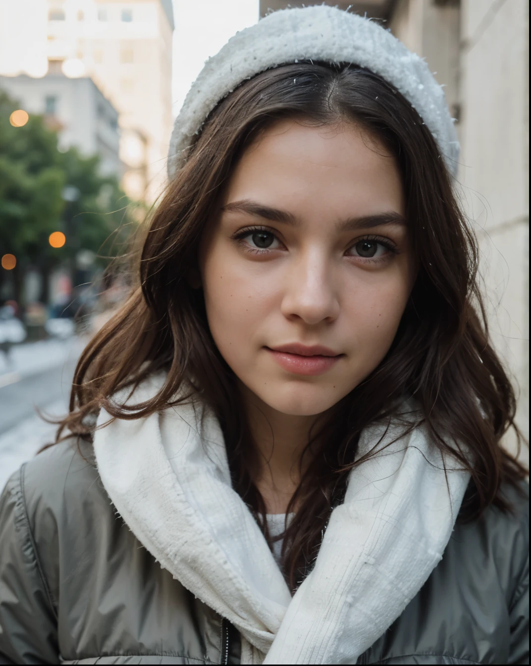 Cute beautiful sexy European light-green-eyed brunette, 22 years old, 


seductive look in eyes, girl is wearing winter jacket, scarf, bonnet, winter, snow, scarf, 

innocent face, face-length 1.3 times the face-width, almond-shaped eyes, squared face-shape, high cheekbones, naturally wavy hair, light-green eyes, high-res, masterpiece, best quality, intricate details, very detailed, sharp focus, detailed skin, realistic skin texture, texture, detailed eyes, professional, 4k, charming smile, shot with Canon, depth of field, Kodak Vision color, perfectly fitting body, extremely detailed, photo_\( ultra\), photorealistic, realistic, post processing, maximum details, roughness, real life, ultrarealistic, photorealism, photography, 8k UHD, photography
