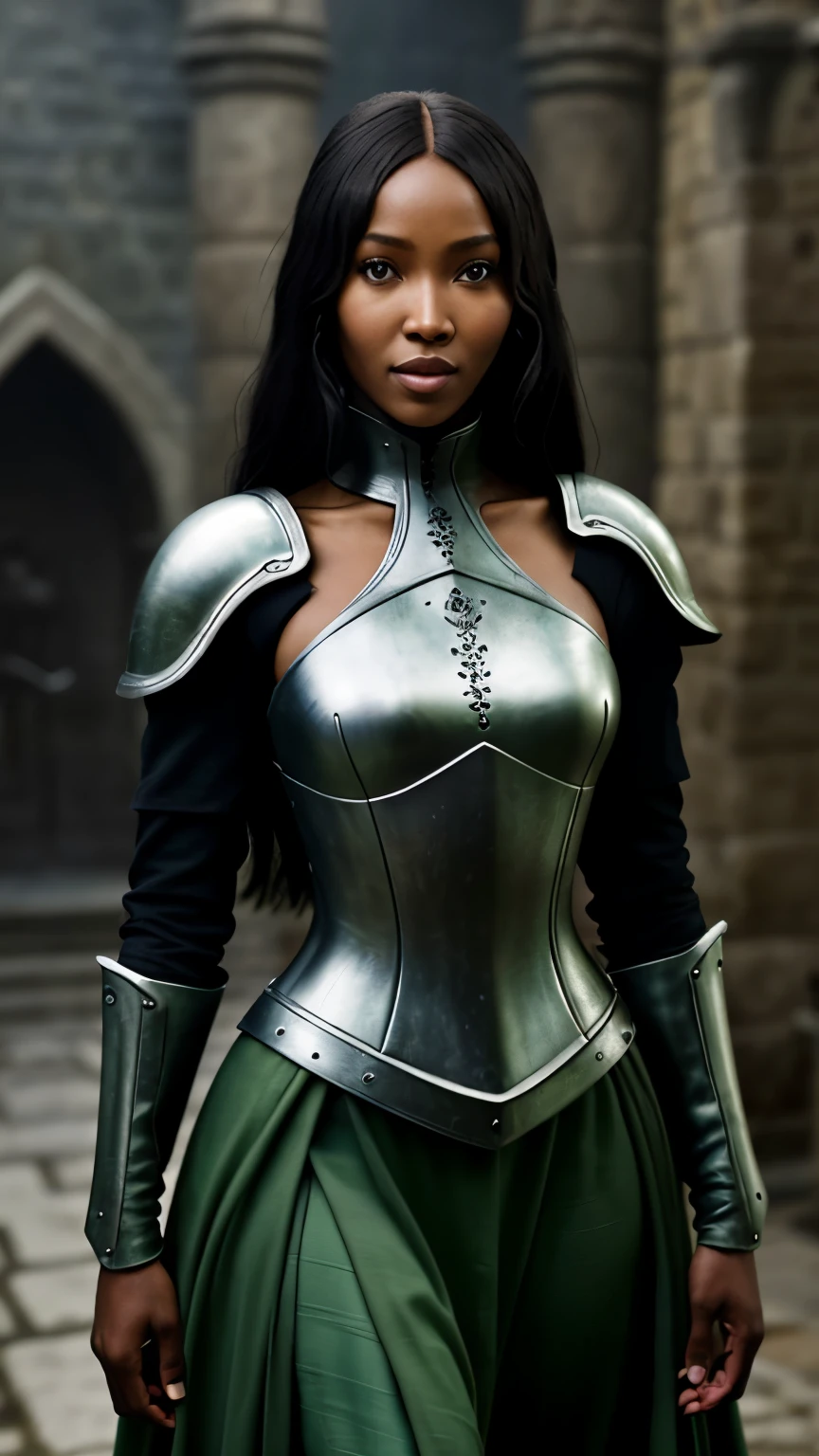 Foto hiperrealista en primer plano de Naomi Campbell, Create dystopian masterpieces, scene from the Game of Thrones movie, the entire figure dressed in Game of Thrones style, light green dress with armor accessories, inside a medieval in, beautiful woman, skinny, medium breasts, black long hair, detailed face, smile, facing the camera, photo taken from a distance, age of ************