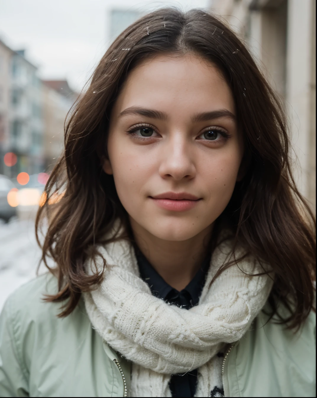 Cute beautiful sexy European light-green-eyed brunette, 22 years old,
seductive look in eyes, girl is wearing winter jacket, scarf, winter, snow, scarf,
innocent face, face-length 1.3 times the face-width, almond-shaped eyes, squared face-shape, high cheekbones, naturally wavy hair, light-green eyes, high-res, masterpiece, best quality, intricate details, very detailed, sharp focus, detailed skin, realistic skin texture, texture, detailed eyes, professional, 4k, charming smile, shot with Canon, depth of field, Kodak Vision color, perfectly fitting body, extremely detailed, photo_\( ultra\), photorealistic, realistic, post processing, maximum details, roughness, real life, ultrarealistic, photorealism, photography, 8k UHD, photography