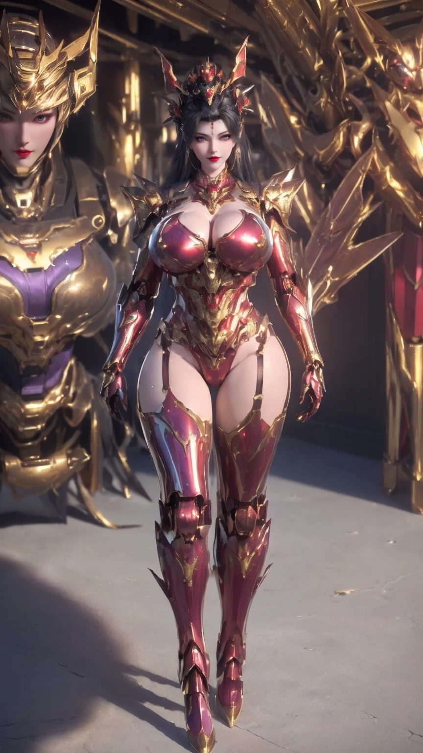 UPPER BODY,CLOSE UP HALF BODY,SOLO,(BEAUTY BLACK COLOR HAIR,GOLDEN DRAGON HORN:1), (HUGE OPPAI,BUSTY MILF,CLEAVAGE,MUSCLE ABS,NSFW:1.5), ((WEARING OUTFIT PURPLE,RED SHINY MODERN MECHA FUTURISTIC SKIMPY BIKINI ARMOR,ROBOT MECHA ARMOR:1.5)),(CURVY VOLUPTUOUS BODY MATURE WOMAN:1.5), (SWEATY GLOSSY BODYSKIN:1.5), (LOOKING AT VIEWER:1.6),(HALLROOM OF FUTURISTIC SPACE STATION:1), (PHOTOREALSITIC:1.4), (ULTRA-DETAILLIERT), (TOP-QUALITY), (BEST SHADOWS), (​MASTERPIECE), BRIGHT LIGHT IN ROOM, HYPER TEXTURE, (4X MSAA), ((UNREAL ENGINE 5 RENDER)), PHYSICALLY-BASED RENDERING, ULTRA HIGHT DEFINITION, 16K, 1080P.