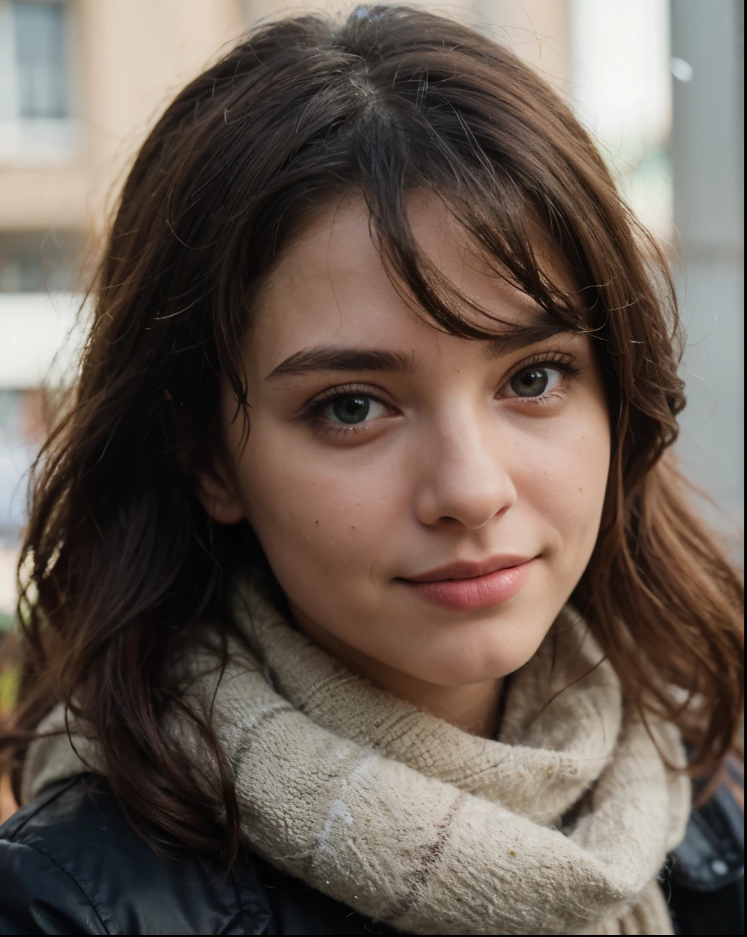 Cute beautiful sexy European light-green-eyed brunette, 22 years old, 


seductive look in eyes, girl is wearing winter jacket, scarf, winter, snow, scarf, 

innocent face, face-length 1.3 times the face-width, almond-shaped eyes, squared face-shape, high cheekbones, naturally wavy hair, light-green eyes, high-res, masterpiece, best quality, intricate details, very detailed, sharp focus, detailed skin, realistic skin texture, texture, detailed eyes, professional, 4k, charming smile, shot with Canon, depth of field, Kodak Vision color, perfectly fitting body, extremely detailed, photo_\( ultra\), photorealistic, realistic, post processing, maximum details, roughness, real life, ultrarealistic, photorealism, photography, 8k UHD, photography
