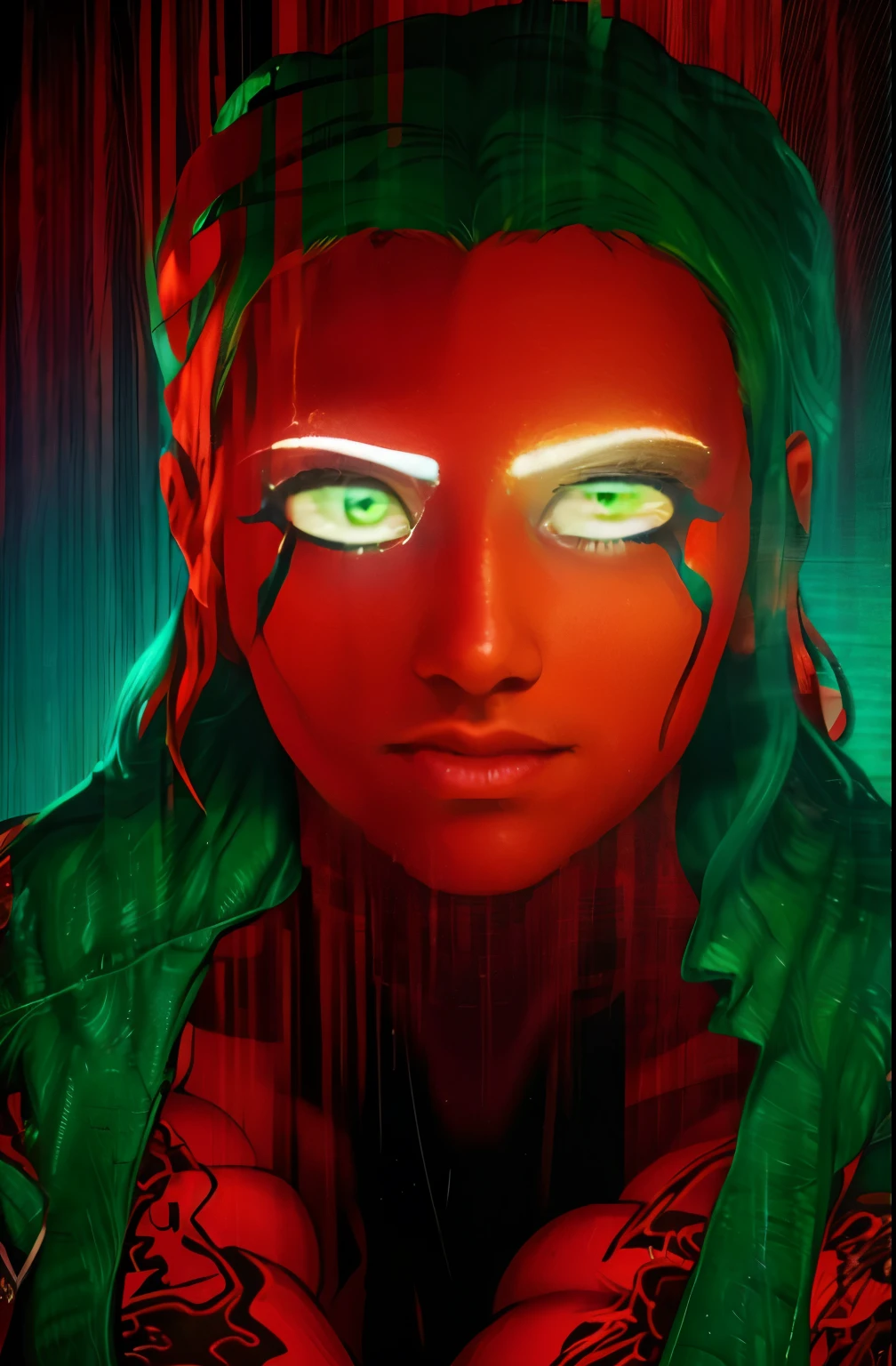 there is a woman with green eyes and a red hair, fully red eyes no pupils, ((red)) baggy eyes, with glowing red eyes, with glowing yellow eyes, pointed face and grey eyes, catchlight on the eyes!, red glowing eyes, with red glowing eyes, intense watery glowing red eyes, glowing dark red eyes, red eyes glowing