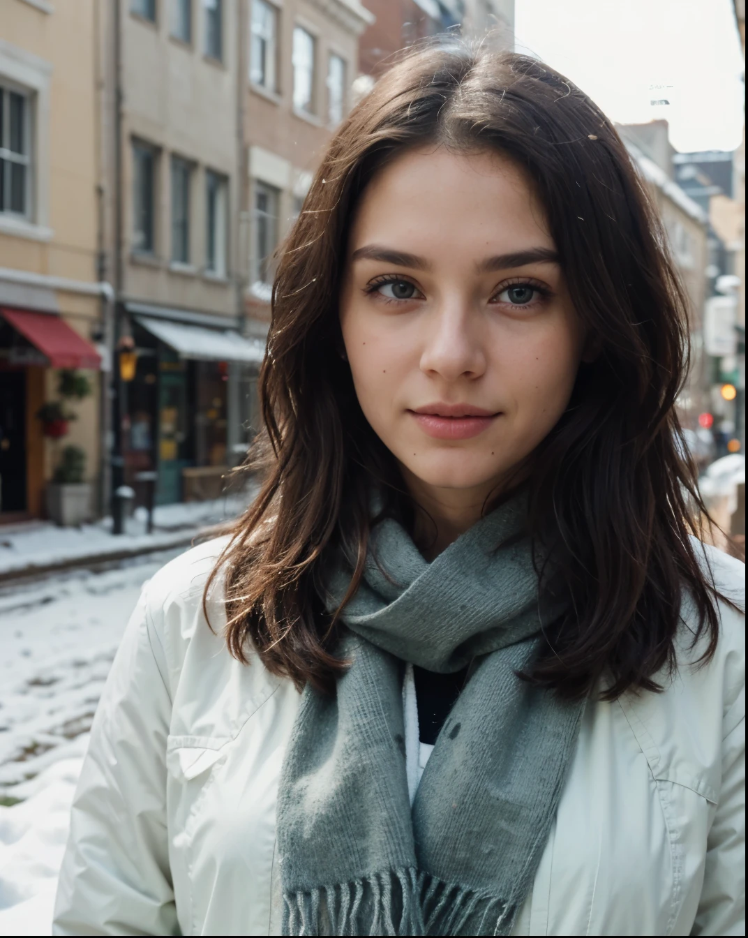 Cute beautiful sexy European light-green-eyed brunette, 22 years old,
seductive look in eyes, girl is wearing winter jacket, scarf, winter, snow, scarf,
innocent face, face-length 1.3 times the face-width, almond-shaped eyes, squared face-shape, high cheekbones, naturally wavy hair, light-green eyes, high-res, masterpiece, best quality, intricate details, very detailed, sharp focus, detailed skin, realistic skin texture, texture, detailed eyes, professional, 4k, charming smile, shot with Canon, depth of field, Kodak Vision color, perfectly fitting body, extremely detailed, photo_\( ultra\), photorealistic, realistic, post processing, maximum details, roughness, real life, ultrarealistic, photorealism, photography, 8k UHD, photography