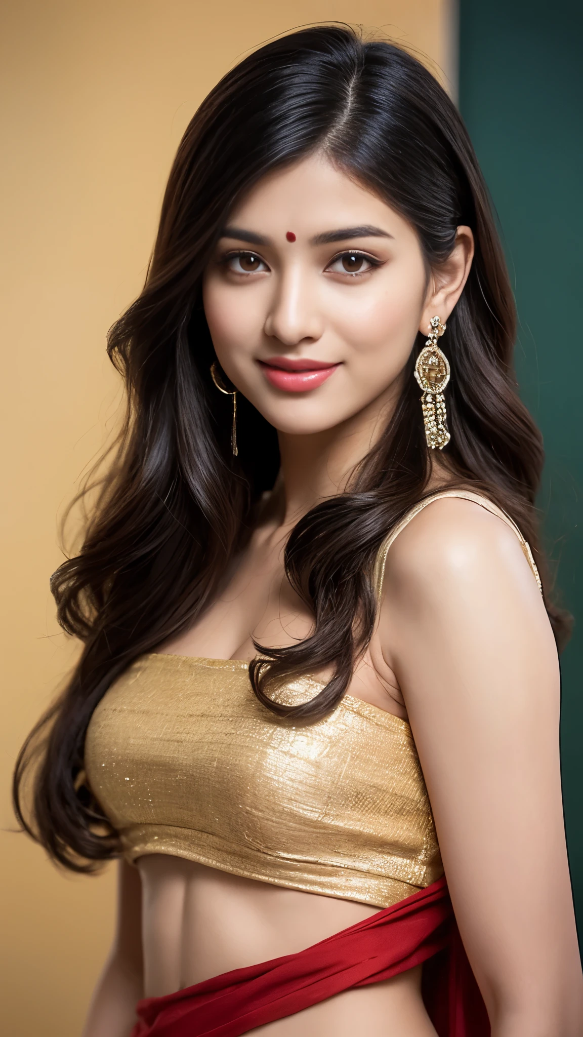 Gorgeous Bollywood supermodel, upper half body of (A hyper-realistic), (illustration), (high resolution), (8K), (highly detailed), smile, smiling, (The best illustration of beautiful detailed eyes), (top-quality), (ultra-detailed), (​masterpiece), (beautiful attractive face), long hair, Earrings with bangs, ((20 year old Indian beautiful girl)), (((wearing traditional sari ))) , (((Glamorous body))) , Elegant Pose, Seduction pose, Looking at the camera, classroom in background, blackboard in background, beautiful teacher, big chest