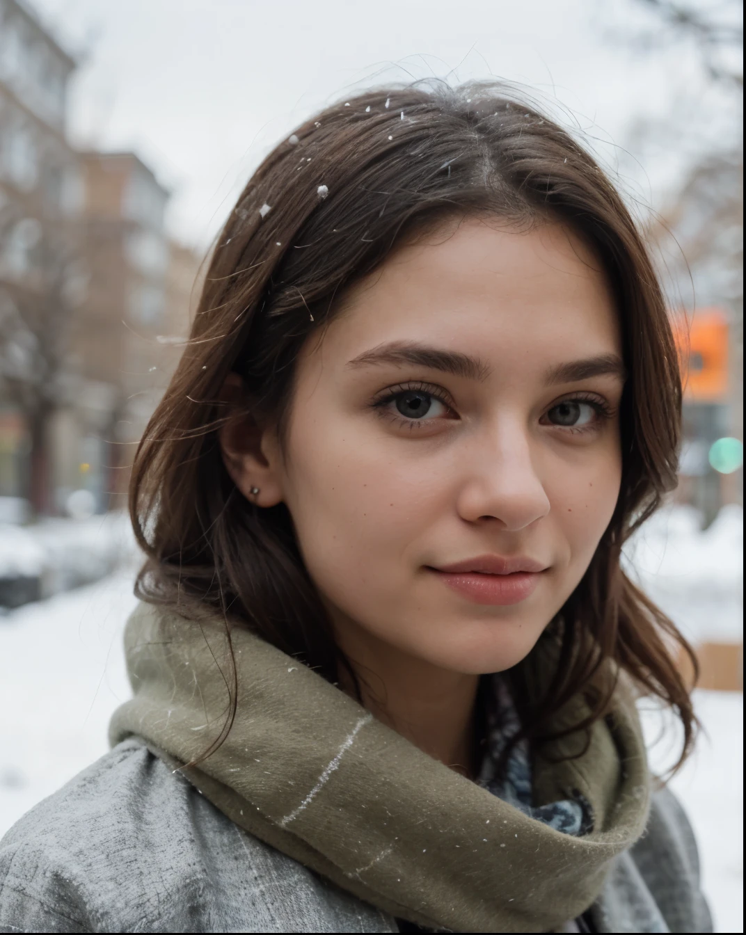 Cute beautiful sexy European light-green-eyed brunette, 22 years old,
seductive look in eyes, girl is wearing winter jacket, scarf, winter, snow, scarf,
innocent face, face-length 1.3 times the face-width, almond-shaped eyes, squared face-shape, high cheekbones, naturally wavy hair, light-green eyes, high-res, masterpiece, best quality, intricate details, very detailed, sharp focus, detailed skin, realistic skin texture, texture, detailed eyes, professional, 4k, charming smile, shot with Canon, depth of field, Kodak Vision color, perfectly fitting body, extremely detailed, photo_\( ultra\), photorealistic, realistic, post processing, maximum details, roughness, real life, ultrarealistic, photorealism, photography, 8k UHD, photography