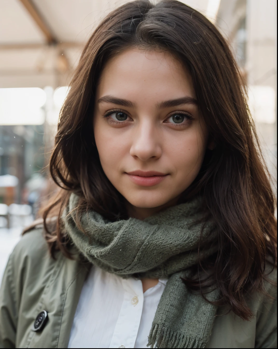 Cute beautiful sexy European light-green-eyed brunette, 22 years old,
seductive look in eyes, girl is wearing winter jacket, scarf, winter, snow, scarf,
innocent face, face-length 1.3 times the face-width, almond-shaped eyes, squared face-shape, high cheekbones, naturally wavy hair, light-green eyes, high-res, masterpiece, best quality, intricate details, very detailed, sharp focus, detailed skin, realistic skin texture, texture, detailed eyes, professional, 4k, charming smile, shot with Canon, depth of field, Kodak Vision color, perfectly fitting body, extremely detailed, photo_\( ultra\), photorealistic, realistic, post processing, maximum details, roughness, real life, ultrarealistic, photorealism, photography, 8k UHD, photography