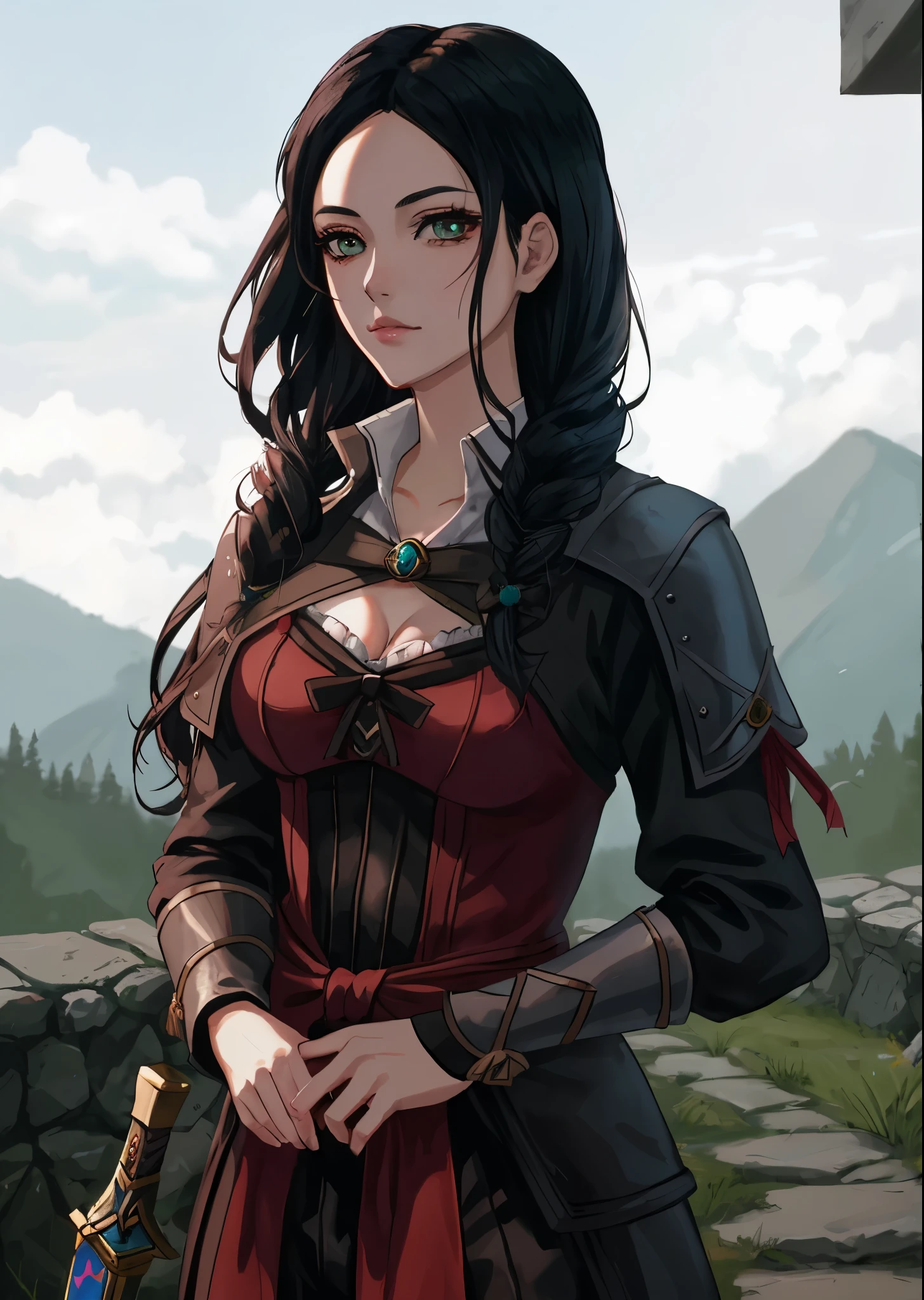 Anime girl,a close up of a person in a costume with a sword, yennefer of vengerberg, yennefer, mother of witchers, from witcher (2021), witcher)), ciri, ciri from the witcher, portrait ezio auditore as female, triss merigold, cattie - brie of mithril hall, warlock, have power, 1girl