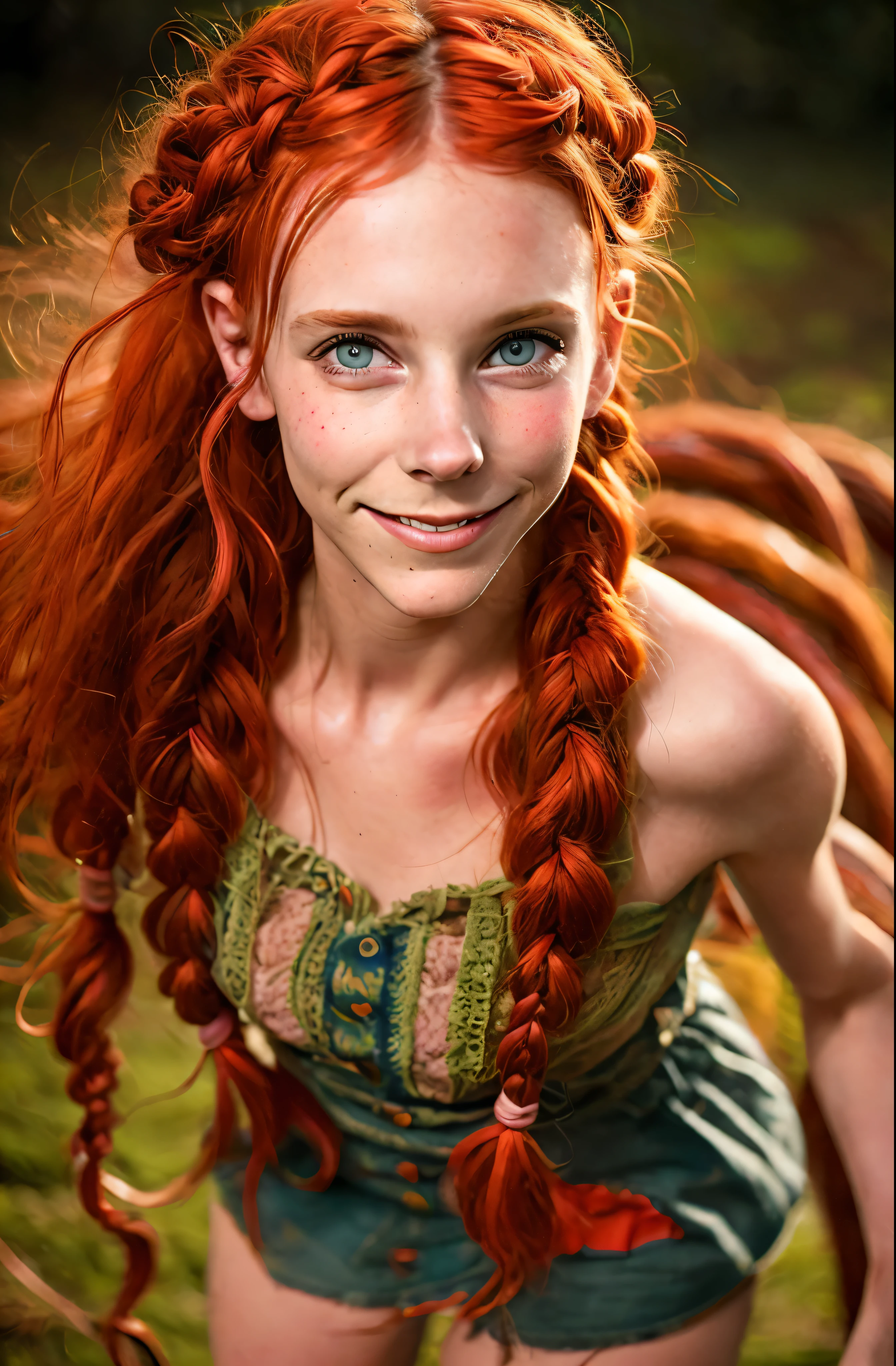 Ultra-detailed image of 18-year-old Pippi Longstocking, mischievous eyes, long red tousled and braided hair, sexual, Sloppy look, Short skirt, In Dynamic, smiling, bright colors, Intricate details of her beautiful eyes and perfect face, rim light.