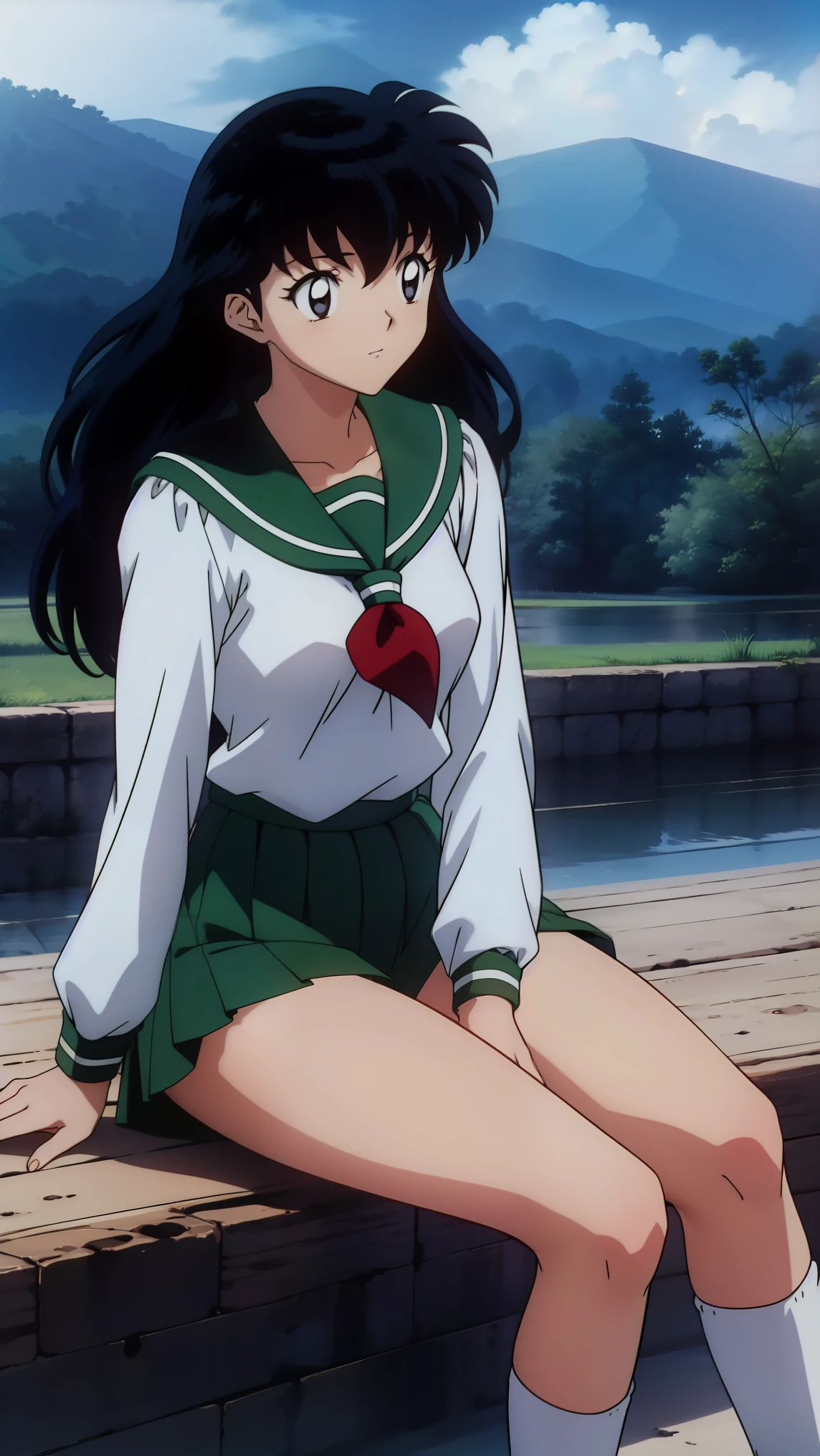 (Masterpiece: 1.6, Best Quality), (Fine Beautiful Eyes: 1.2), (best quality, masterpiece, highres), kagome higurashi, 1girl, solo, green school uniform, soft thighs , long sleeves, white socks, scenery , Best Quality, ((anime)) ((Colored)) HD, ,Sitting, Green skirt, Red scarf, long  hair, Black hair between the eyes, Thighs are soft, school background