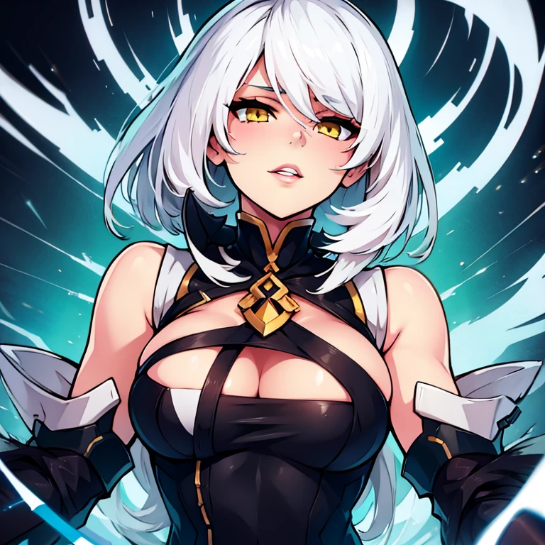 Cat anime girl with white hair and yellow eyes, Black background, White clothes