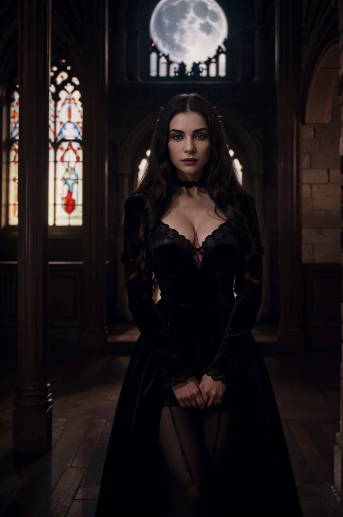 a femme fatale vampire in a realistic style, standing in front of a majestic manor. Red glowing eyes, sharp fangs, and pale flawless skin. She wears a long black velvet gown with intricate lace details, flowing in the wind. Her dark hair cascades down to her waist, with subtle waves and a blood-red ribbon intertwined. The manor exudes an eerie atmosphere, with ancient gothic architecture, towering spires, and intricate stained glass windows. A full moon hangs in the night sky, casting an ethereal glow on the scene. The colors are predominantly dark and mysterious, with deep shades of black, red, and purple. The lighting is dramatic, with shadows dancing across the scene, emphasizing the vampire's alluring yet dangerous presence. This masterpiece is rendered in high resolution with ultra-detailed features, capturing every minute expression and texture of the vampire's face and the manor's intricate details.