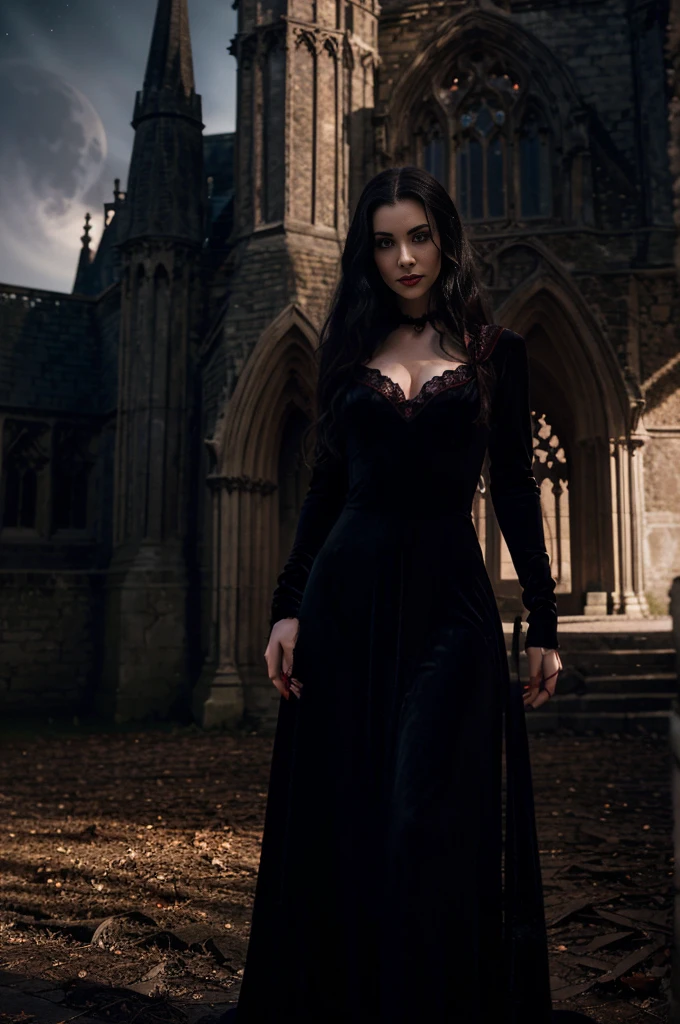 a femme fatale vampire in a realistic style, standing in front of a majestic manor. Red glowing eyes, sharp fangs, and pale flawless skin. She wears a long black velvet gown with intricate lace details, flowing in the wind. Her dark hair cascades down to her waist, with subtle waves and a blood-red ribbon intertwined. The manor exudes an eerie atmosphere, with ancient gothic architecture, towering spires, and intricate stained glass windows. A full moon hangs in the night sky, casting an ethereal glow on the scene. The colors are predominantly dark and mysterious, with deep shades of black, red, and purple. The lighting is dramatic, with shadows dancing across the scene, emphasizing the vampire's alluring yet dangerous presence. This masterpiece is rendered in high resolution with ultra-detailed features, capturing every minute expression and texture of the vampire's face and the manor's intricate details.