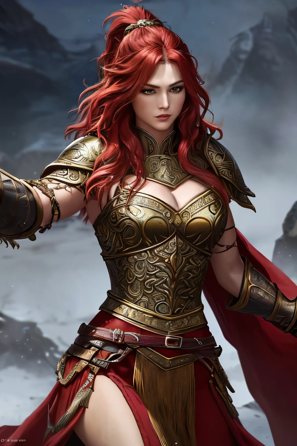 In the heart of a vividly painted scene, a Viking woman, clad in a red mane as wild and untamed as the northern seas, stands proudly. A blue fur-lined cloak, an emblem of her Norse heritage, drapes over her broad shoulders. The shining brilliance of her bronze armor, a masterpiece crafted with utmost care, encases her warrior physique. The intricate details of the armor dance before your eyes in a breathtaking display of artistry. The woman's perfect face, etched with the strength and wisdom of battle, is framed by her short, slicked hair. The allure of an ornate marble hall surrounds her, its