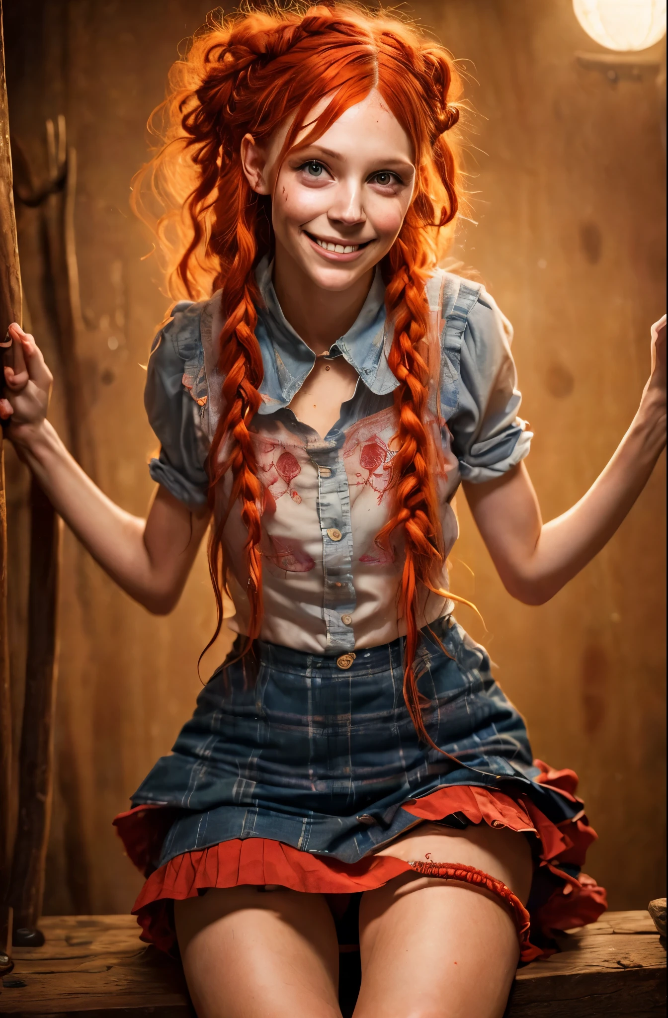Ultra detailed image of 18 years old Pippi Longstocking, mischievous eyes, long red messy and braided hair, sexy, sloppy look, short skirt, in dinamic, smiling, vivid colors, intricate details of her beautiful eyes and perfect face, rim light.