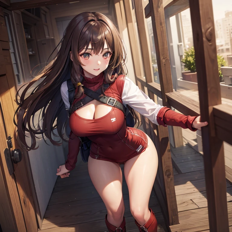 long dark brown hair, golden eyes and fair skin. She wears a jumper-style outfit comprised of dark brown leather, a red hood, red socks, and white thigh-high boots adorned with