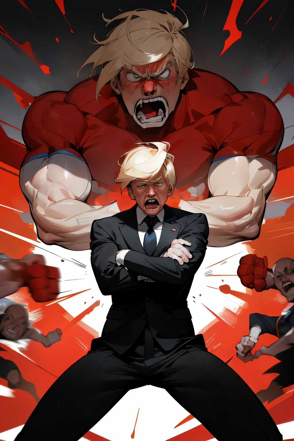 Ultra-Detailed, NSFW, Masterpiece, Top-Quality, Donald Trump Character Sheet, Angry President Trump, Man's Face, Punch Fight, Embarrassment, Red Face, Angry Expressions, Live Action Scene, Realistic, High Contrast Lighting, Powerful Pose, Suit and Tie.
Donald Trump, in a fit of rage, throws a powerful punch towards a man's face during a heated argument. The man, taken aback, tries to dodge the attack but fails, with Trump's fist making solid contact with his jaw. Trump, looking embarrassed and angry, clenches his jaw and blows out a breath, his