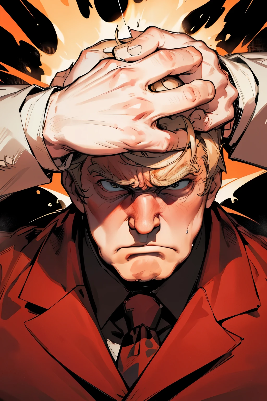 Ultra-Detailed, NSFW, Masterpiece, Top-Quality, Donald Trump Character Sheet, Angry President Trump, Man's Face, Punch Fight, Embarrassment, Red Face, Angry Expressions, Live Action Scene, Realistic, High Contrast Lighting, Powerful Pose, Suit and Tie.
Donald Trump, in a fit of rage, throws a powerful punch towards a man's face during a heated argument. The man, taken aback, tries to dodge the attack but fails, with Trump's fist making solid contact with his jaw. Trump, looking embarrassed and angry, clenches his jaw and blows out a breath, his