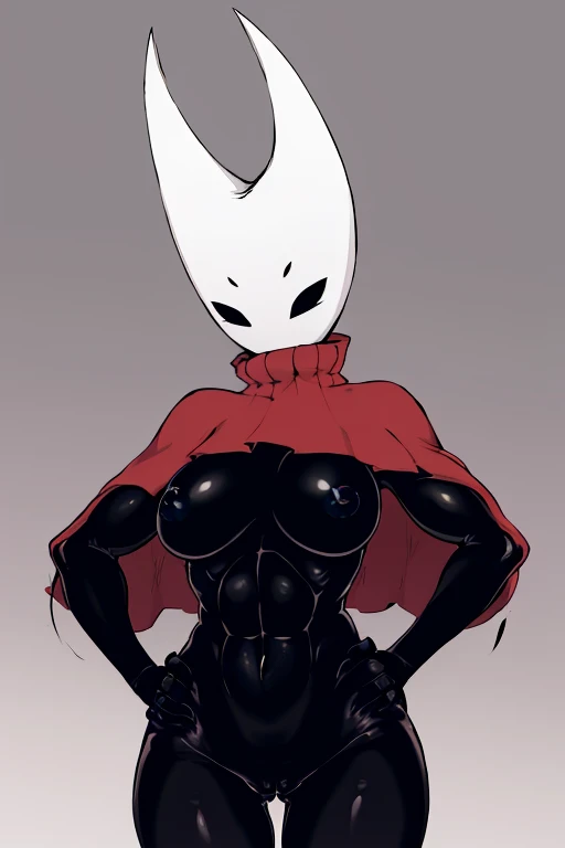 whole body, hornet, 1girl, solo, mask, closed eyes, simple background, (black skin:1.2), red capelet, turtleneck, hands on hips, nipples, abs