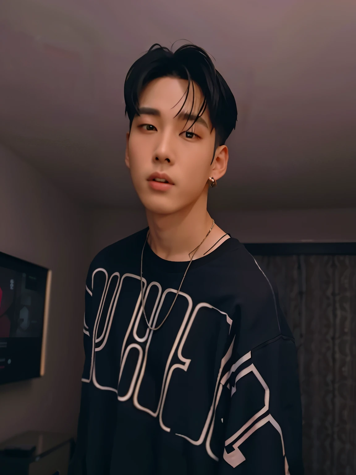 a man in a black shirt standing in a room, jungkook, cai xukun, he is about 20 years old, he is about 2 0 years old, hyung tae, he is about 2 5 years old, inspirado en jeonseok lee, 1 7-year-old boy with a thin face, Tiene una forma de cabeza alargada, inspirado en Bian Shoumin