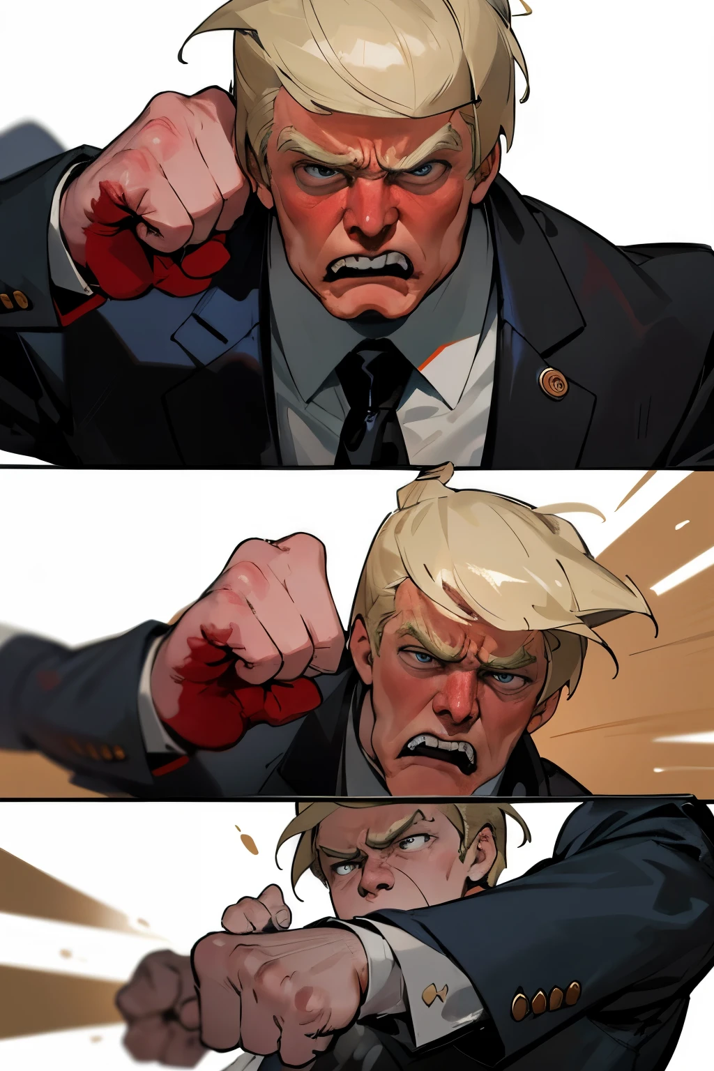 Ultra-Detailed, NSFW, Masterpiece, Top-Quality, Donald Trump Character Sheet, Angry President Trump, Man's Face, Punch Fight, Embarrassment, Red Face, Angry Expressions, Live Action Scene, Realistic, High Contrast Lighting, Powerful Pose, Suit and Tie.
Donald Trump, in a fit of rage, throws a powerful punch towards a man's face during a heated argument. The man, taken aback, tries to dodge the attack but fails, with Trump's fist making solid contact with his jaw. Trump, looking embarrassed and angry, clenches his jaw and blows out a breath, his