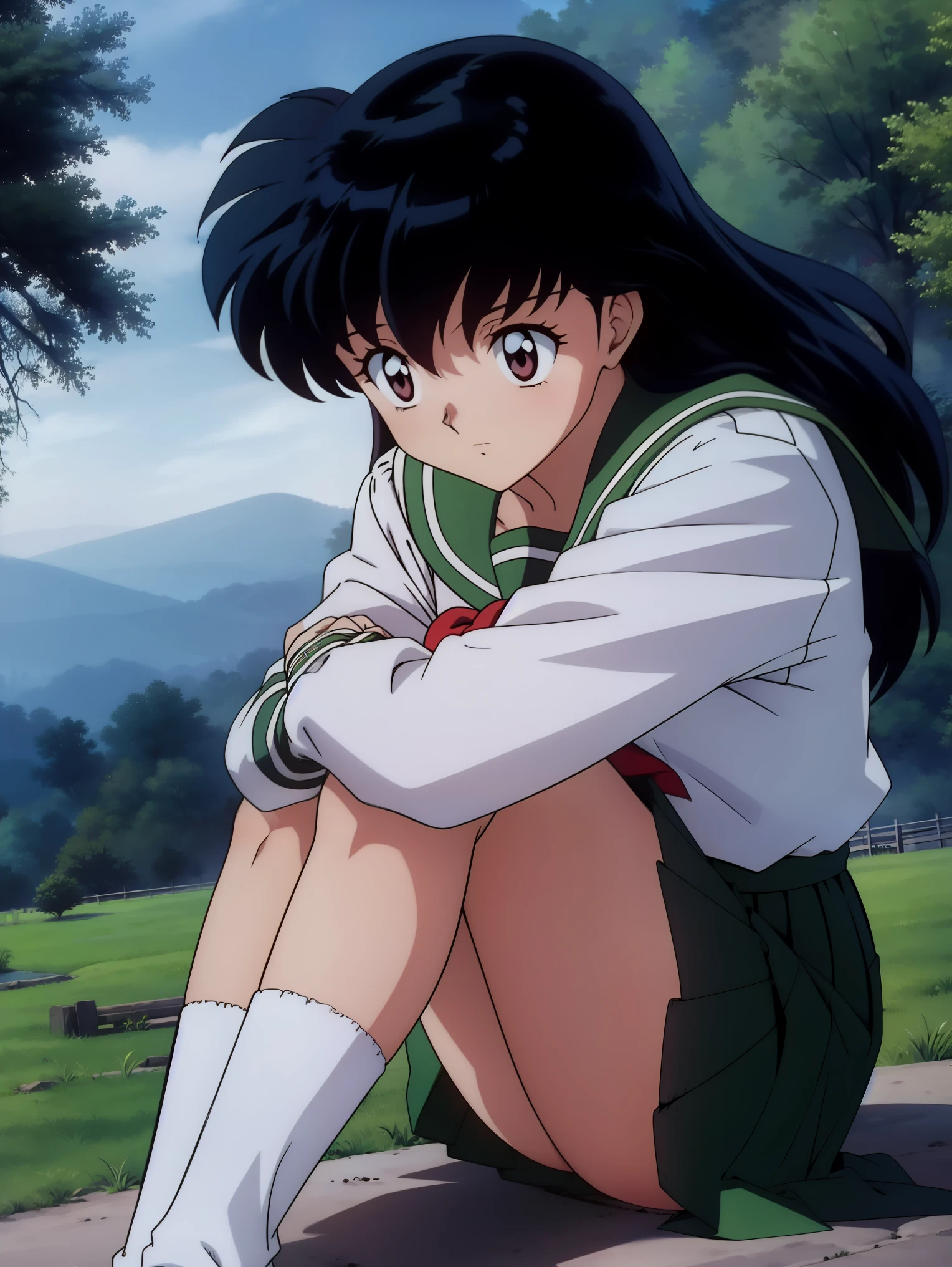 (Masterpiece: 1.6, Best Quality), (Fine Beautiful Eyes: 1.2), (best quality, masterpiece, highres), kagome higurashi, 1girl, solo, green school uniform, soft thighs , long sleeves, white socks, scenery , Best Quality, ((anime)) ((Colored)) HD, ,Sitting, Green skirt, Red scarf, long  hair, Black hair between the eyes, Thighs are soft, school background