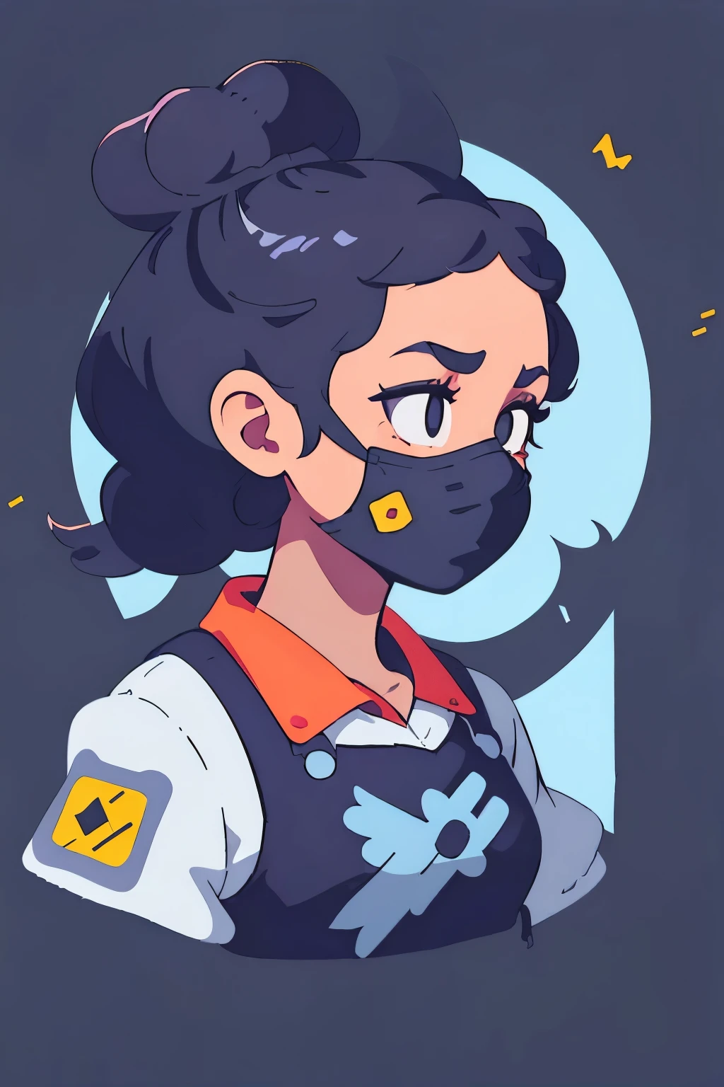 girl, Black messy bun, black eyes, wearing military jumpsuit and overalls. vibrant colors, flat vector style, Geometric pattern background, upper body, magazine cover, a digital painting by Fujiwara Nobuzane, magazine illustration, sticker style background, profile picture